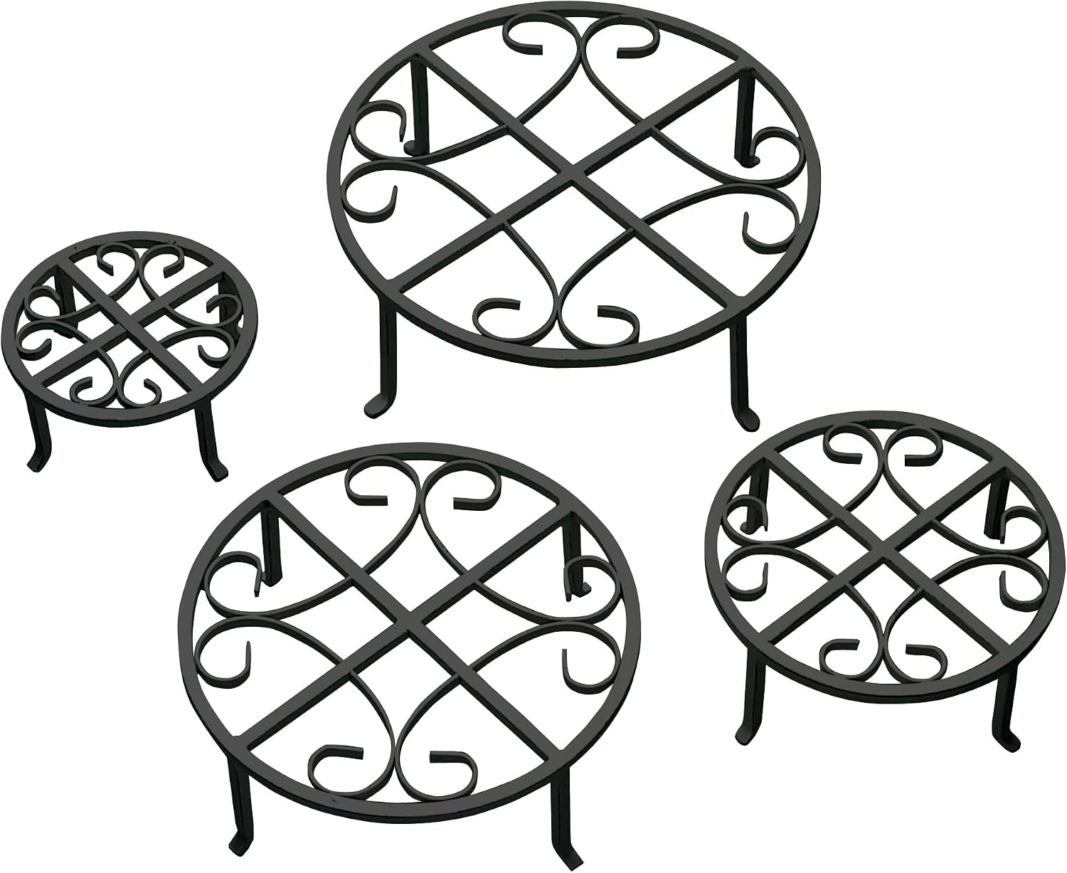 Red Carpet Studios Set of Four Round Black Iron Plant Stands, Scroll Pattern