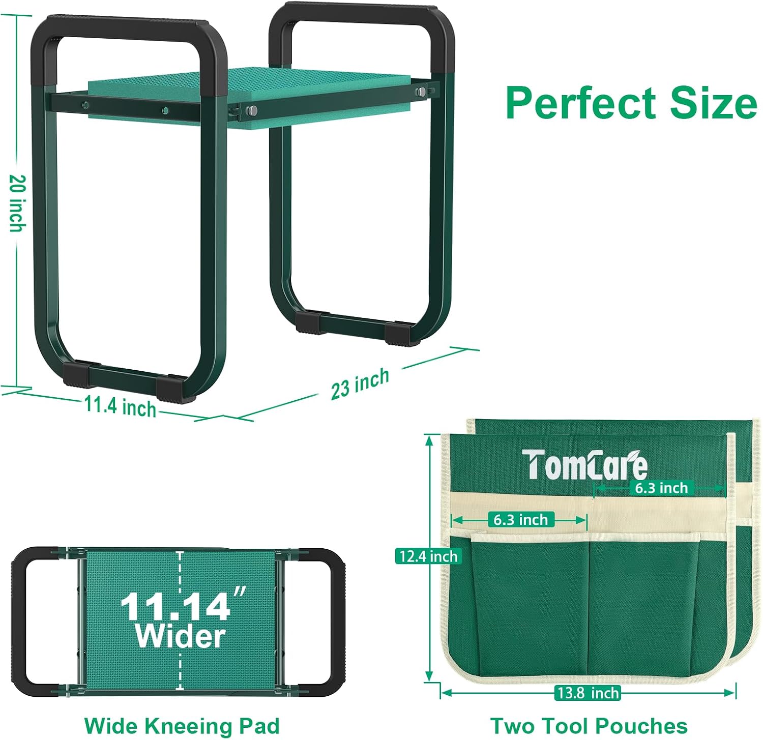 TomCare Garden Kneeler and Seat, 11.12" Kneeling Pad Sturdy Garden Bench | Heavy Duty Garden Stool, 450 lbs Load Capacity, 2 Tool Pouches, Foldable Design, Gardening Gift for Women, Men and Gardeners