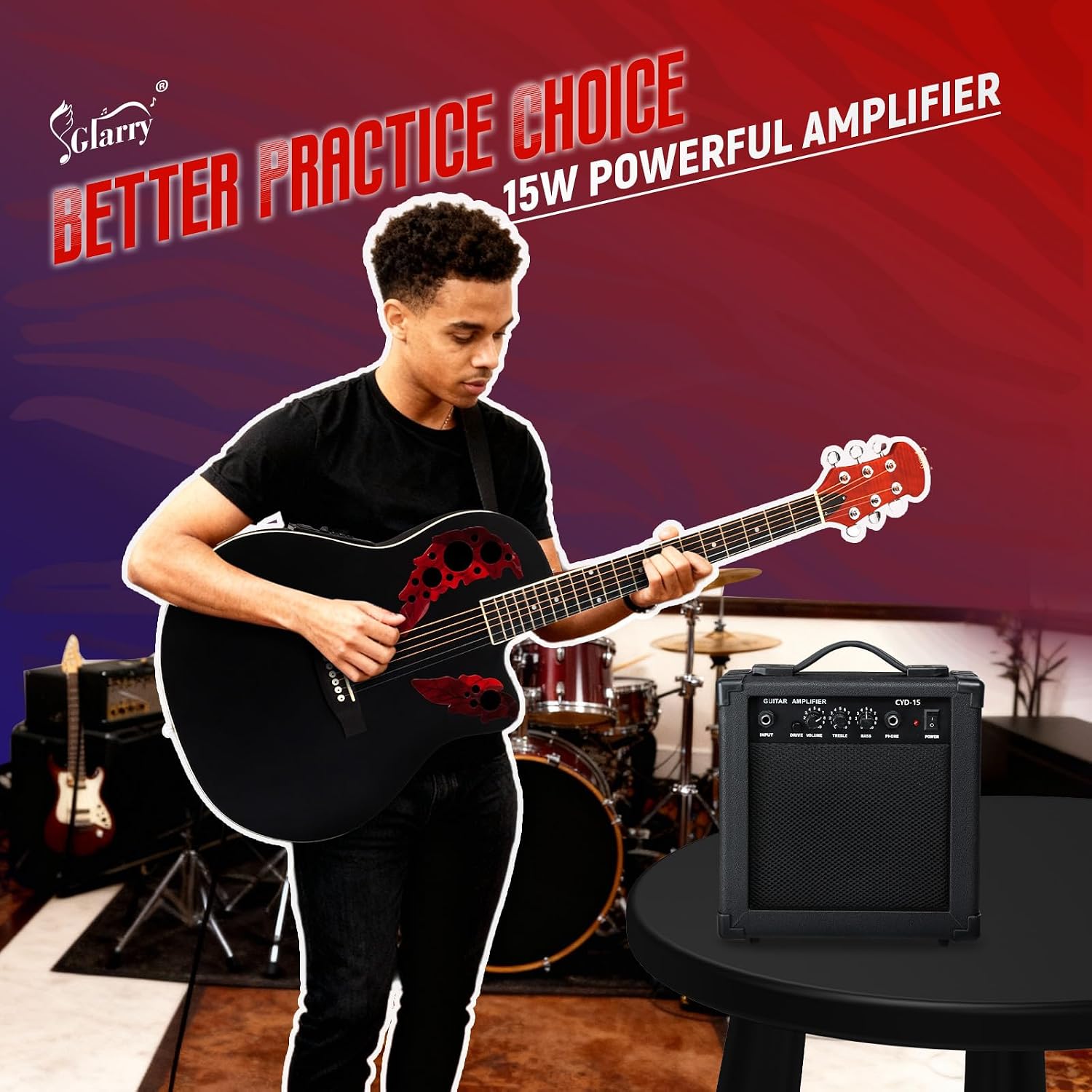 GLARRY 41in Acoustic Electric Guitar, Unique Round-back Design, 6 String Cutaway Guitar Beginner Kit with 15W Amp, EQ, Bag, Strap, Picks, Strings (Black With AMP, Full-Right Handed)
