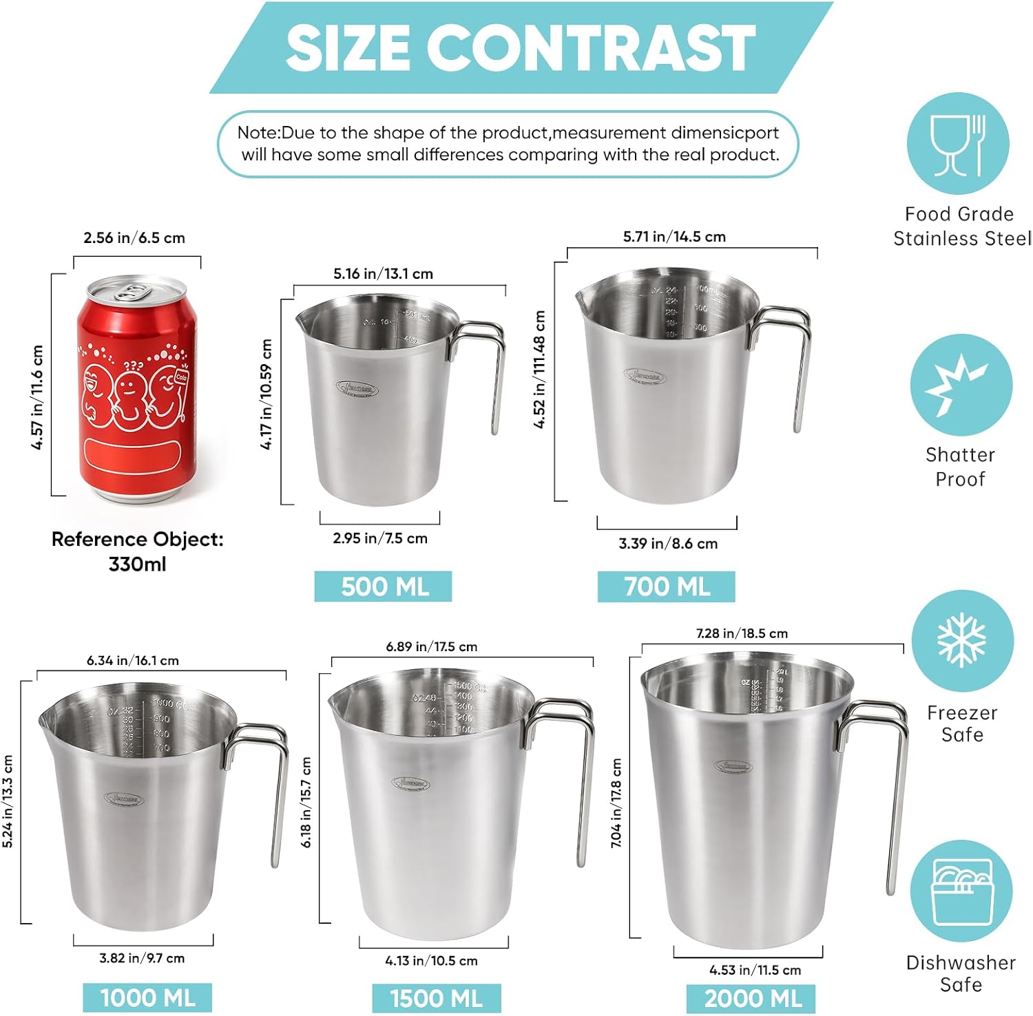 Newness Stainless Steel Measuring Cup, Metal Measuring Cup with Handle (Upgraded, 3 Marking Including Cup/ML/Ounce Scale), 16 Ounces (0.5 Liter, 2 Cup)