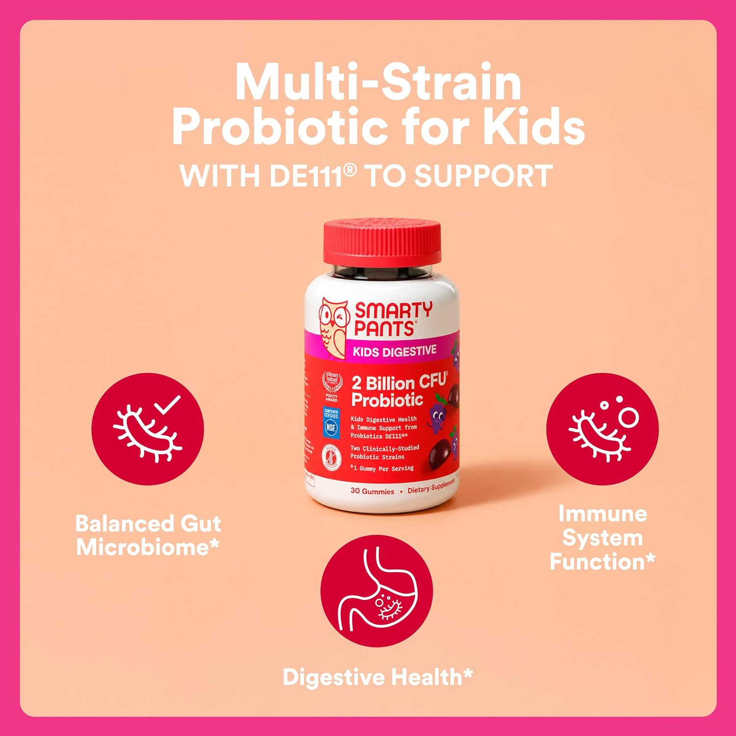 SmartyPants Kids Probiotic & Prebiotic Gummies for Digestive Health: Gut Health Supplement, Clinically Studied Prebiotic for Immune Support, Strawberry, 60 Count (30 Day Supply)