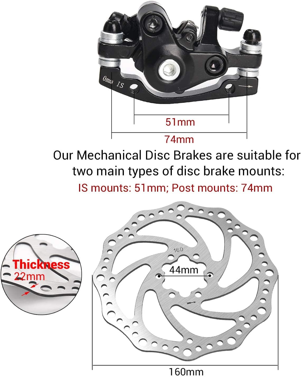 TOBWOLF MTB Cable Disc Brake Kit, Front Rear Calipers with 160mm Rotors