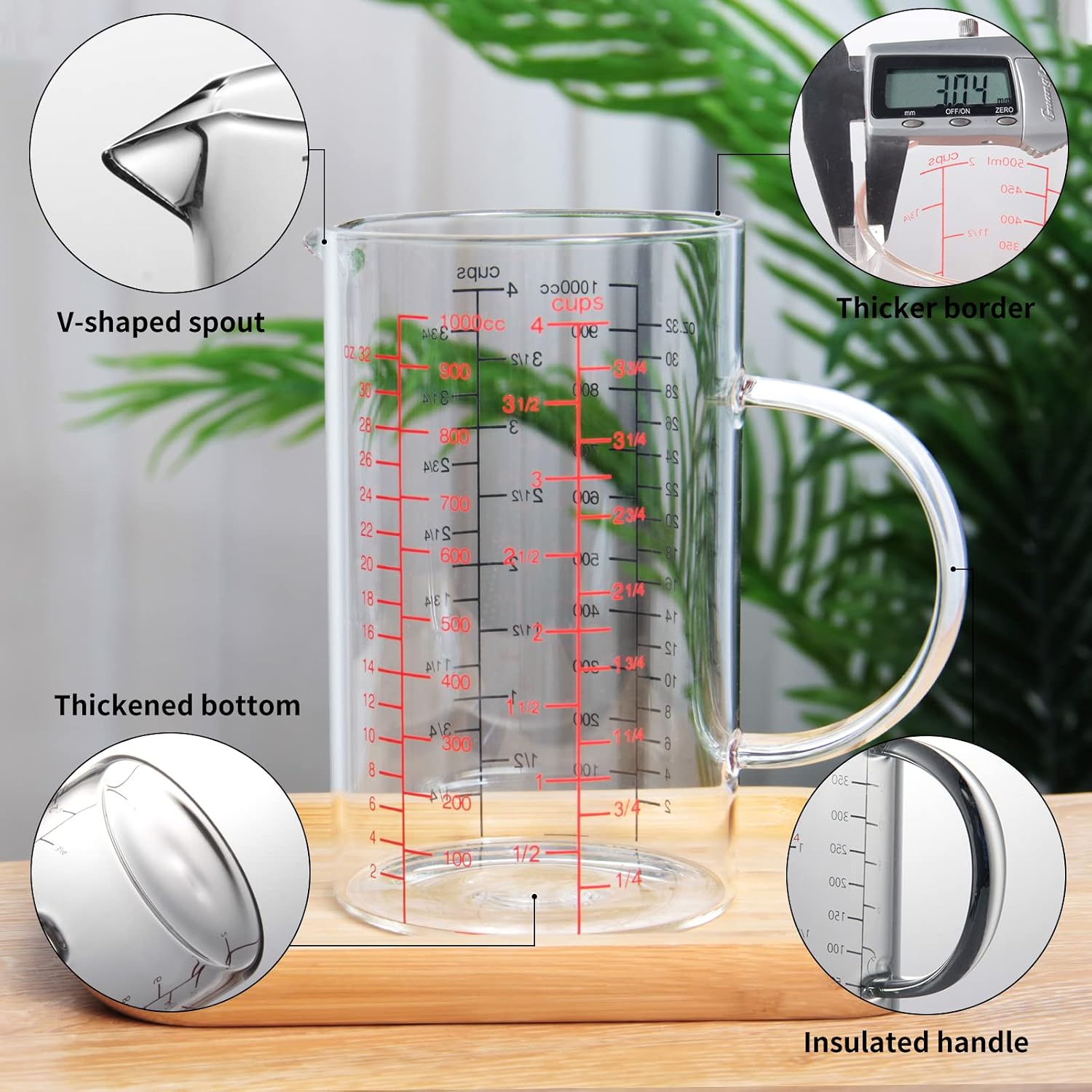 2 Cup Glass Measuring Cup, [Insulated handle, V-Shaped Spout], High Borosilicate Glass Measuring Cup for Kitchen or Restaurant, Easy To Read, 500 ML (0.5 Liter, 2 Cup)