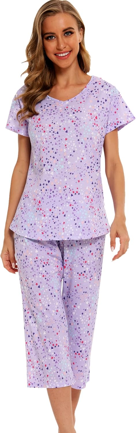 ENJOYNIGHT Womens Pajama Set Cotton Summer Pj Top with Capri Pant Sleepwear