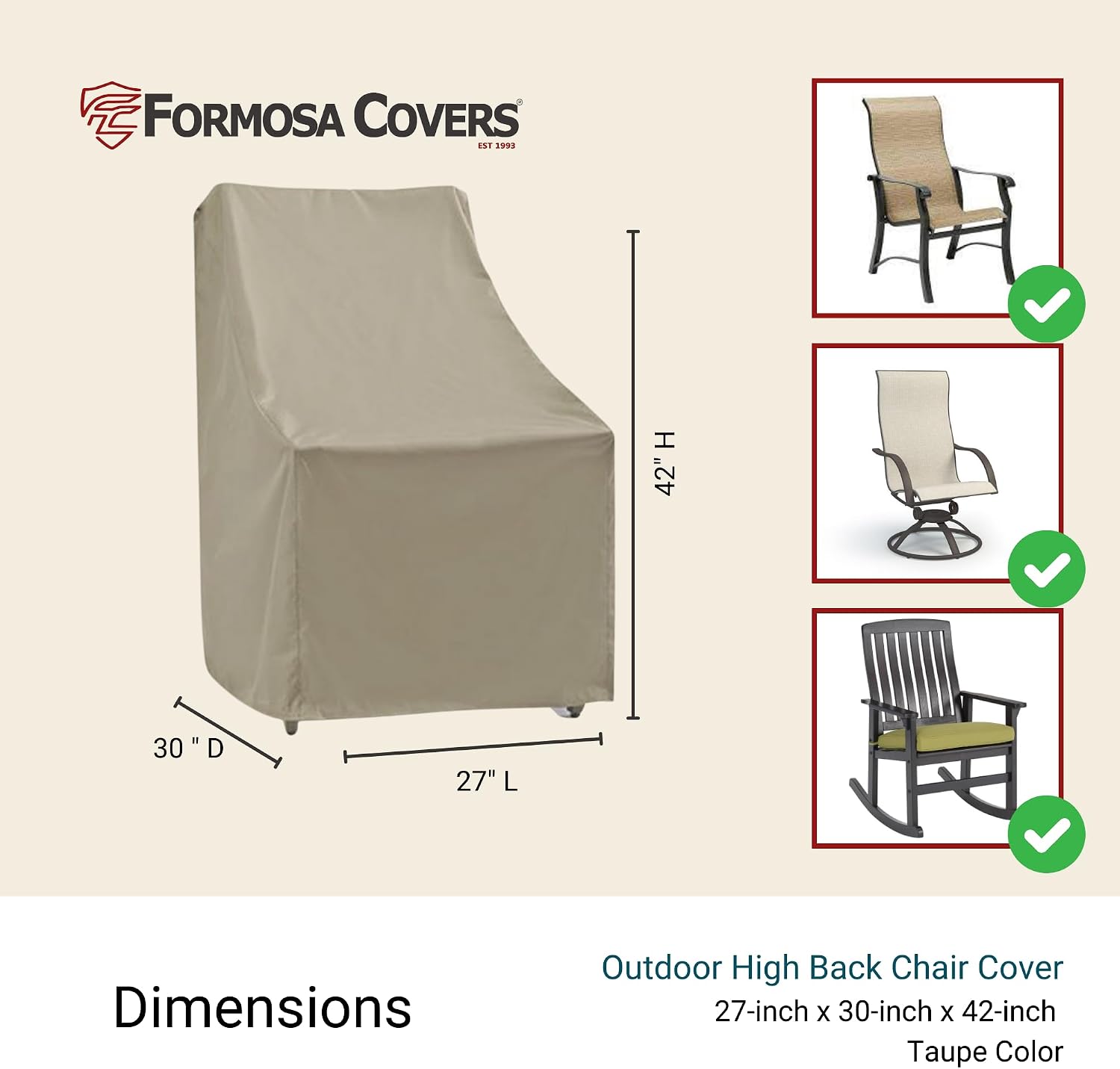 Formosa Covers | Outdoor Patio High Back, Rocking, Swivel Chair Cover Stackable Dining Seat Protection Secure Fastener Strips | 27" W x 30" D x 42" H (Taupe)