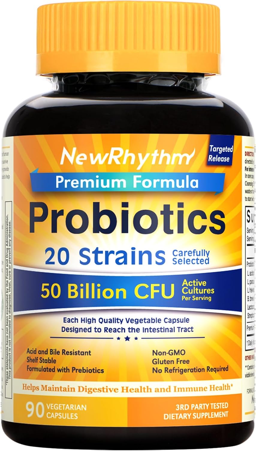 NewRhythm Probiotics 50 Billion CFU 20 Strains, 60 Veggie Capsules, Targeted Release Technology, Stomach Acid Resistant, No Need for Refrigeration, Non-GMO, Gluten Free