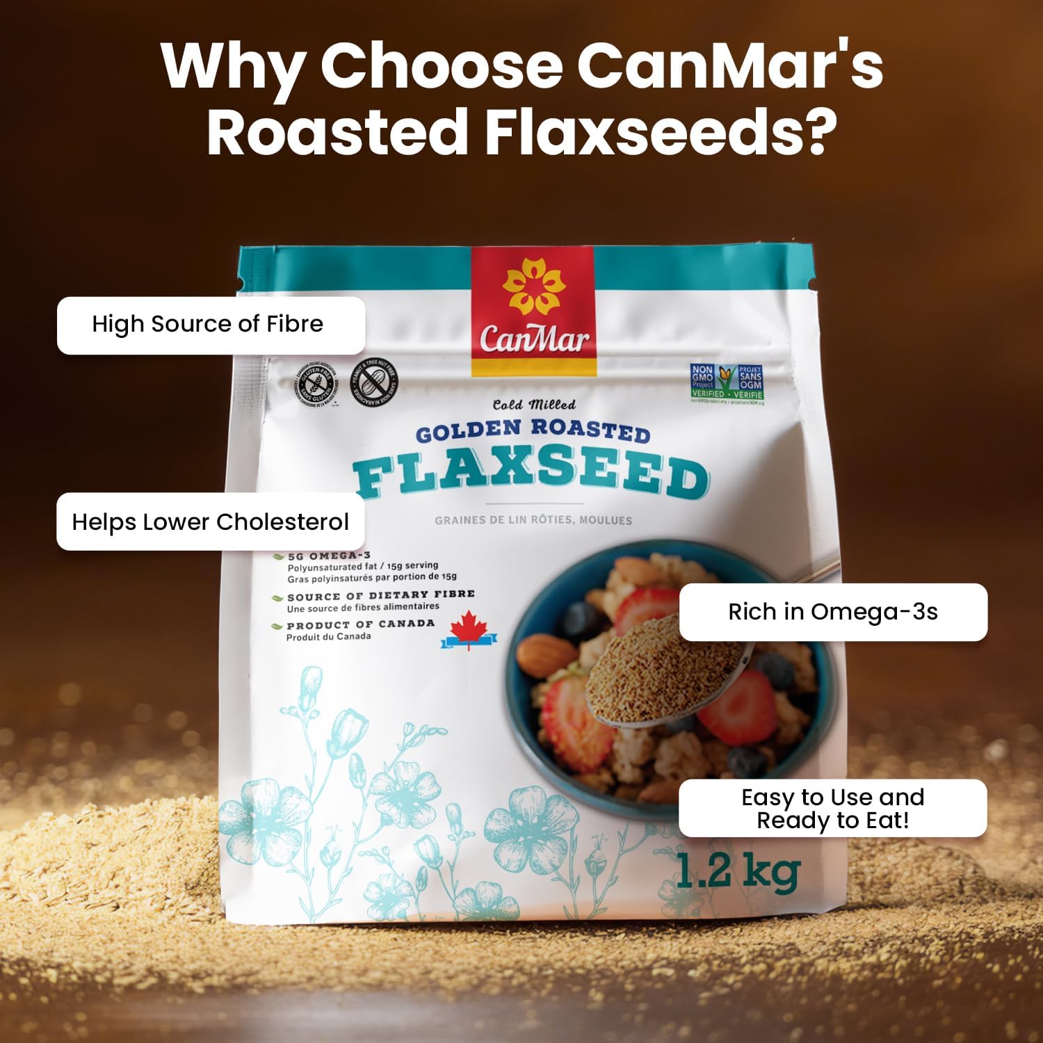 Ground Flaxseed 42 oz, Cold Milled Golden Roasted Flaxseed Meal Powder | Roasted, Non-GMO, gluten free, vegan, omega-3 ALA, fiber, linseed, linaza molida, smoothies and baking