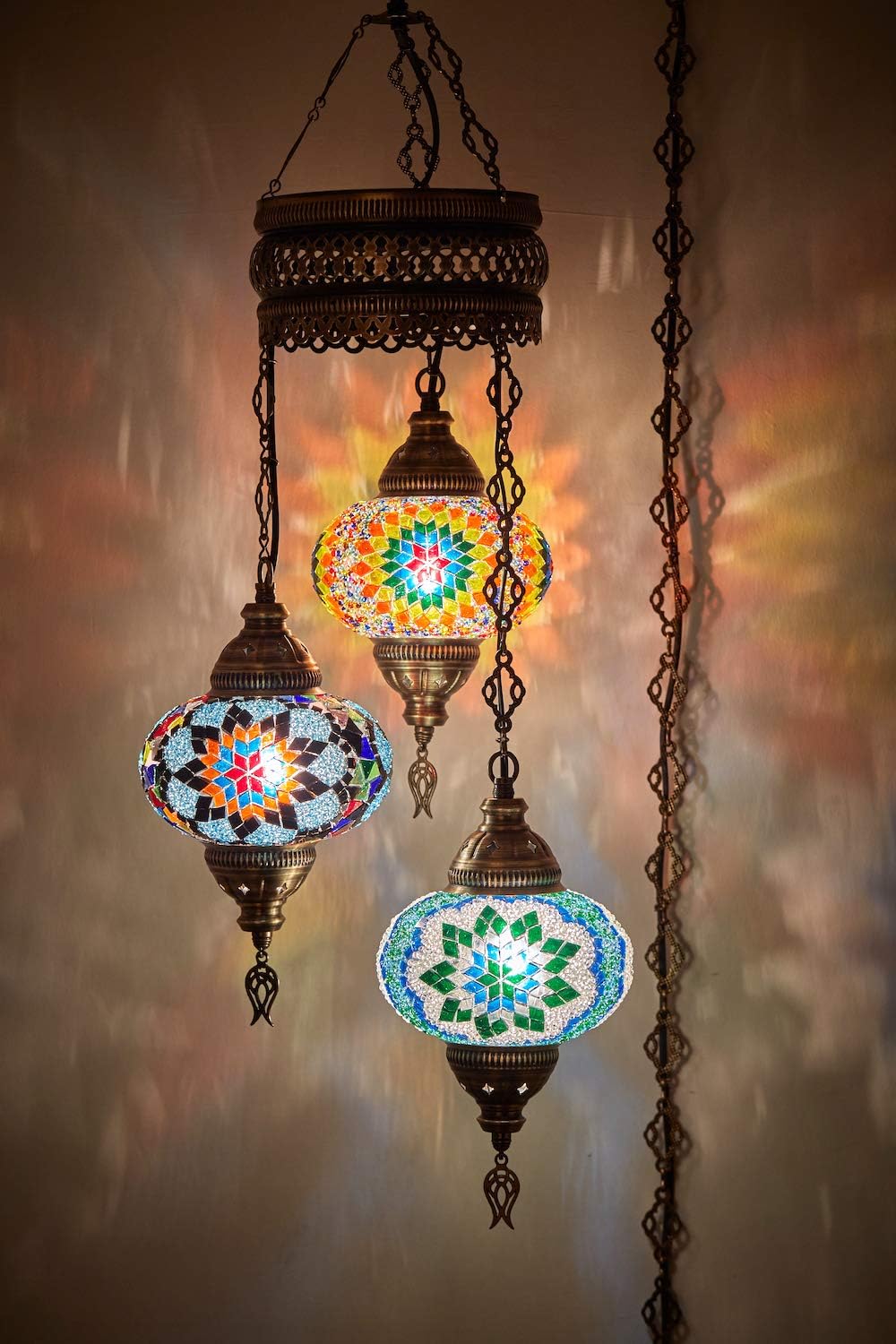 DEMMEX 3 Large Globe Plug-in Turkish Moroccan Mosaic Chandelier, Hanging Lamp, Ceiling Light Fixture with 15ft Cord & Chain for Living Room