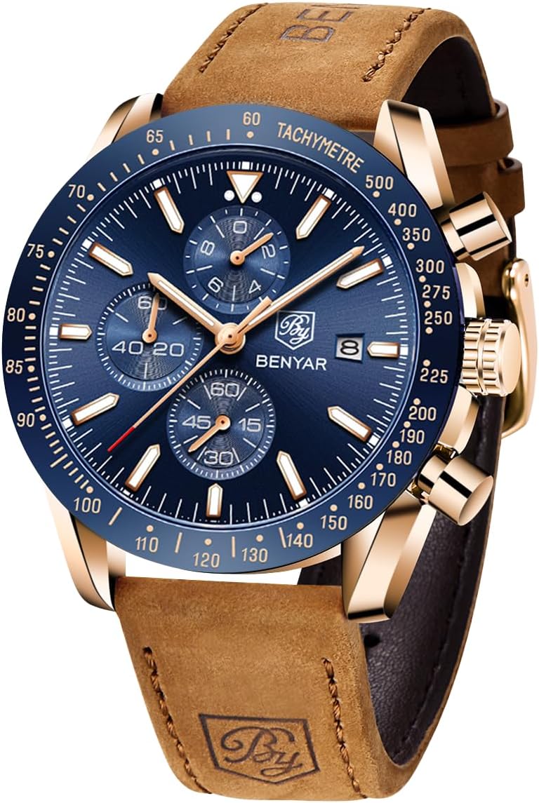 BENYAR Watch for Men Analog Quartz Chronograph Waterproof Luminous Designer Mens Wrist Watches Business Work Sport Casual Dress Watch with Silicone Strap Elegant Gifts for Men