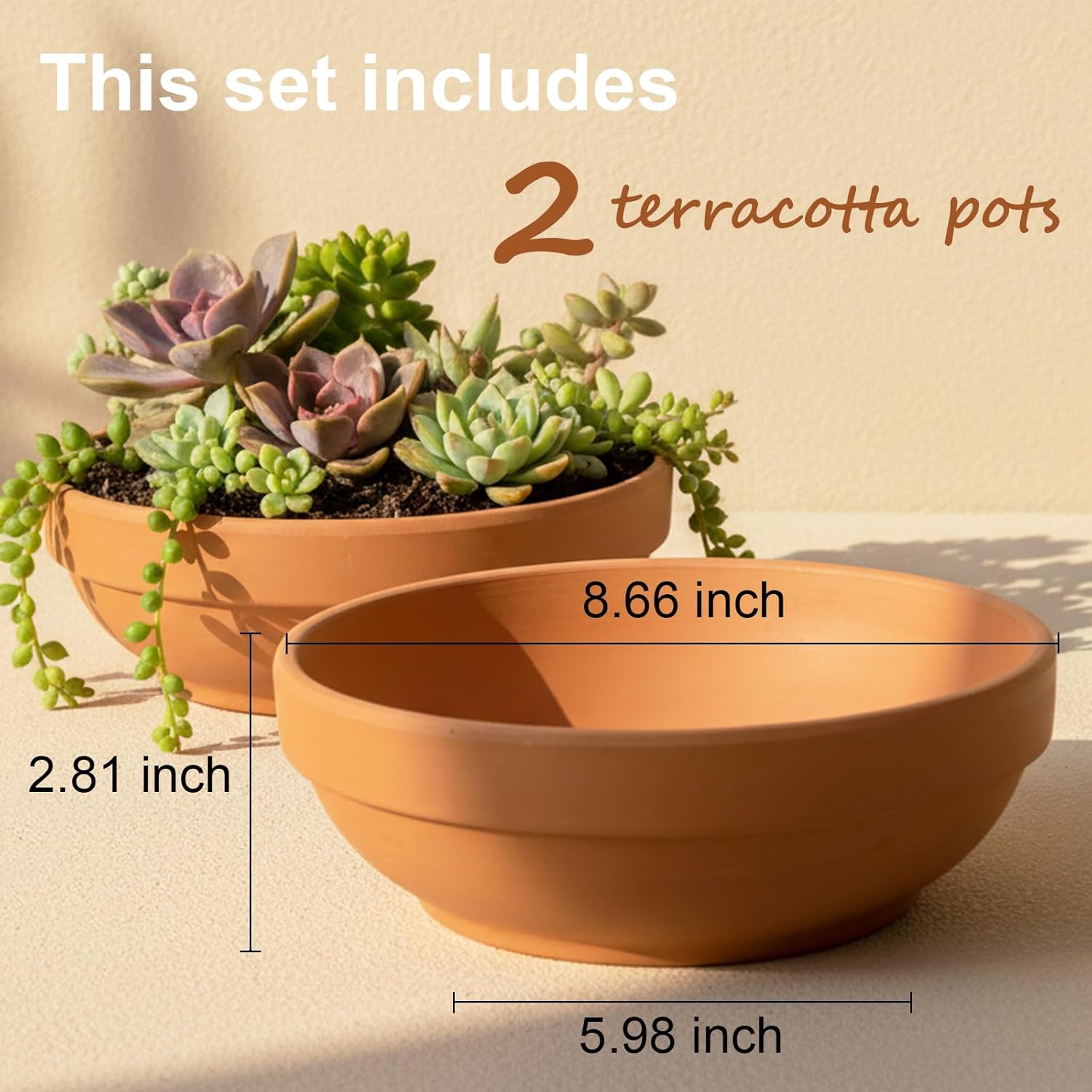 Laerjin Terracotta Pots, 6.43 Inch Shallow Pots with Drainage Hole, 6 Pack