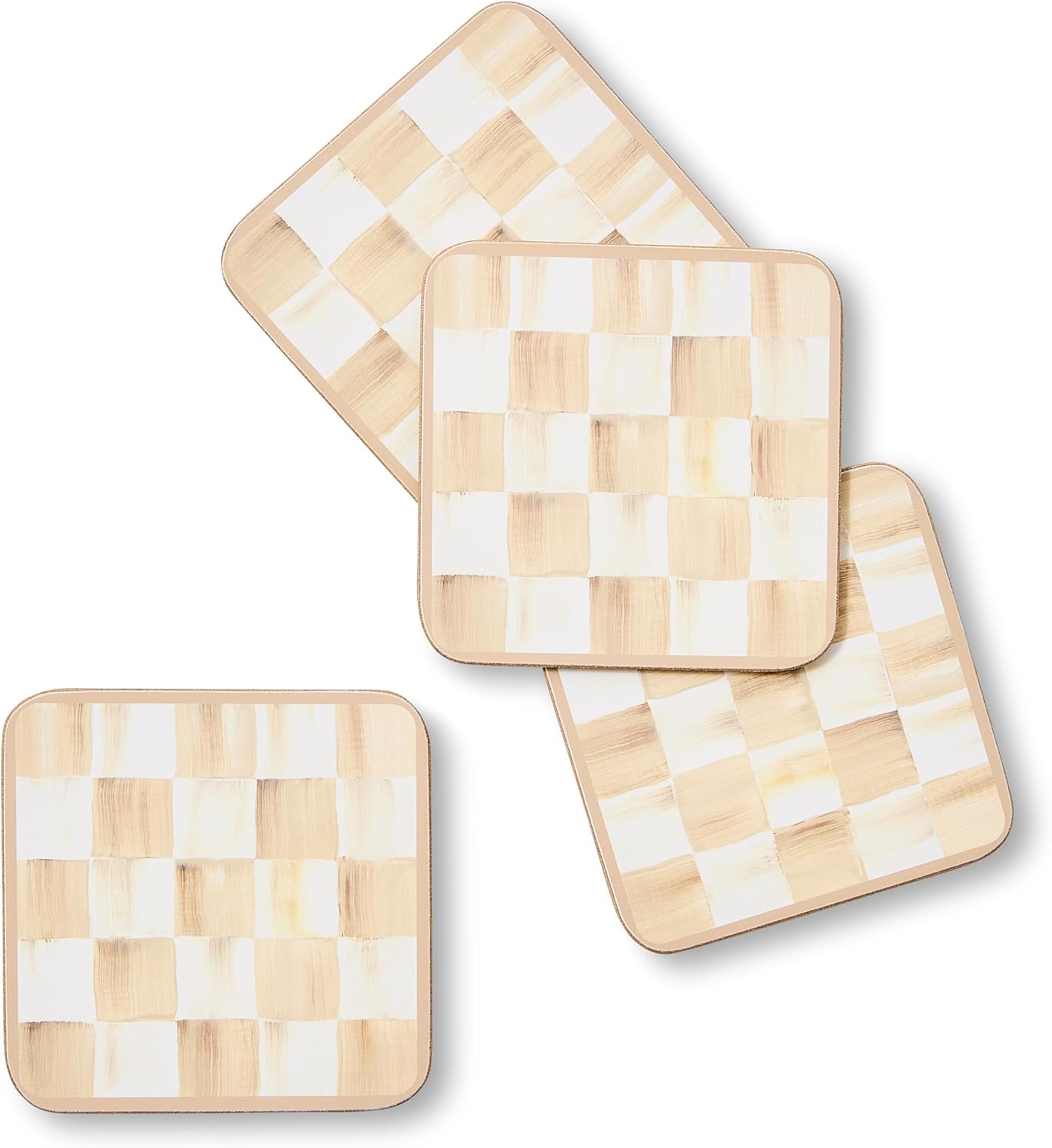 MACKENZIE-CHILDS Square Coasters Set, Black-and-White Courtly Check | Hand-painted design, made from MDF with a cork back, table coasters for drinks, 4" square, set of 4