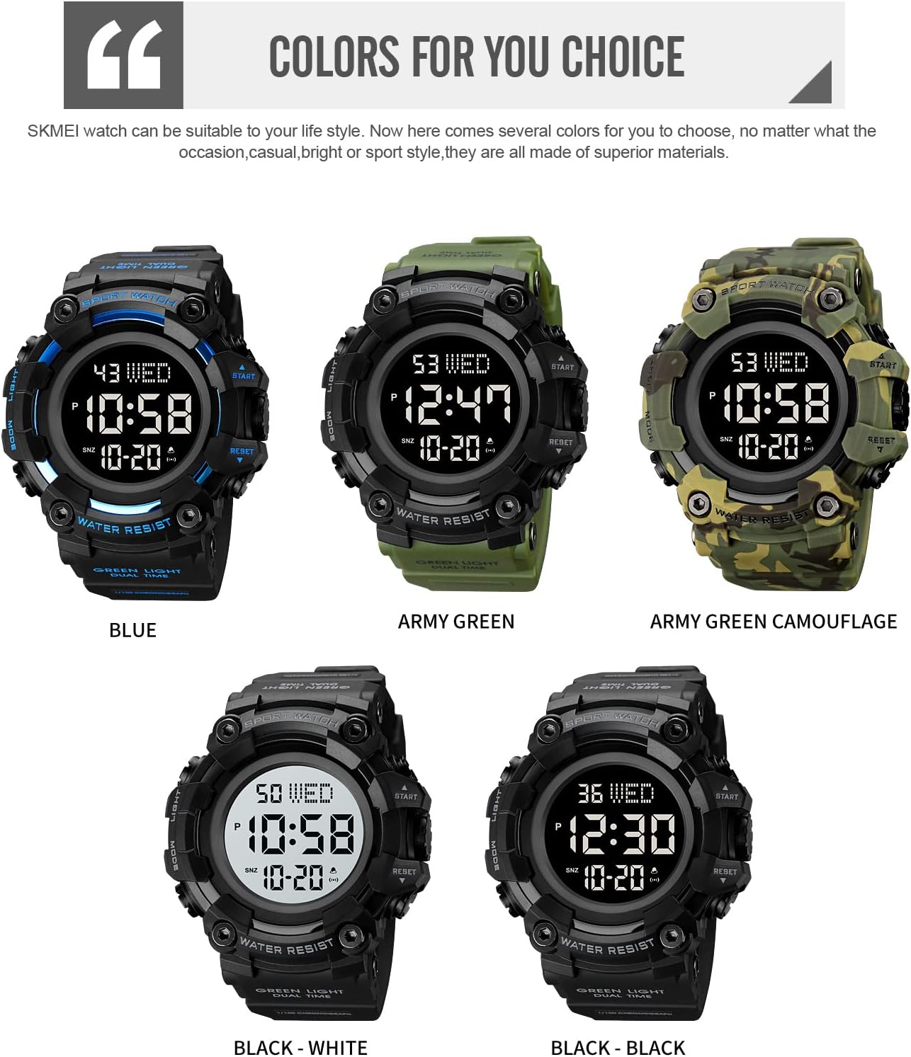 FANMIS Men's Digital 50M Waterproof Electronic Sport Watch Rubber Band Army Military 24H Time LED Light 164FT Water Resistant Calendar Date Day Watches