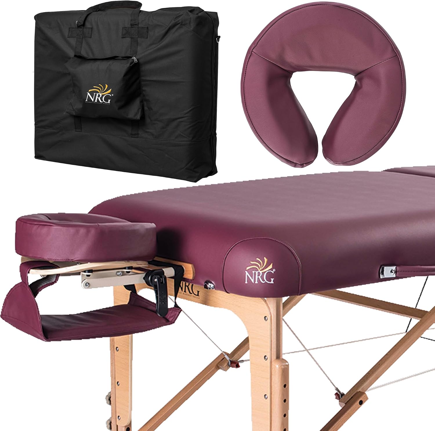 NRG Vedalux Portable Massage Table Package | Burgundy | Folding Lightweight Massage Bed | Professional Spa Table with Face Cradle, Hanging Armrest & Carrying Case