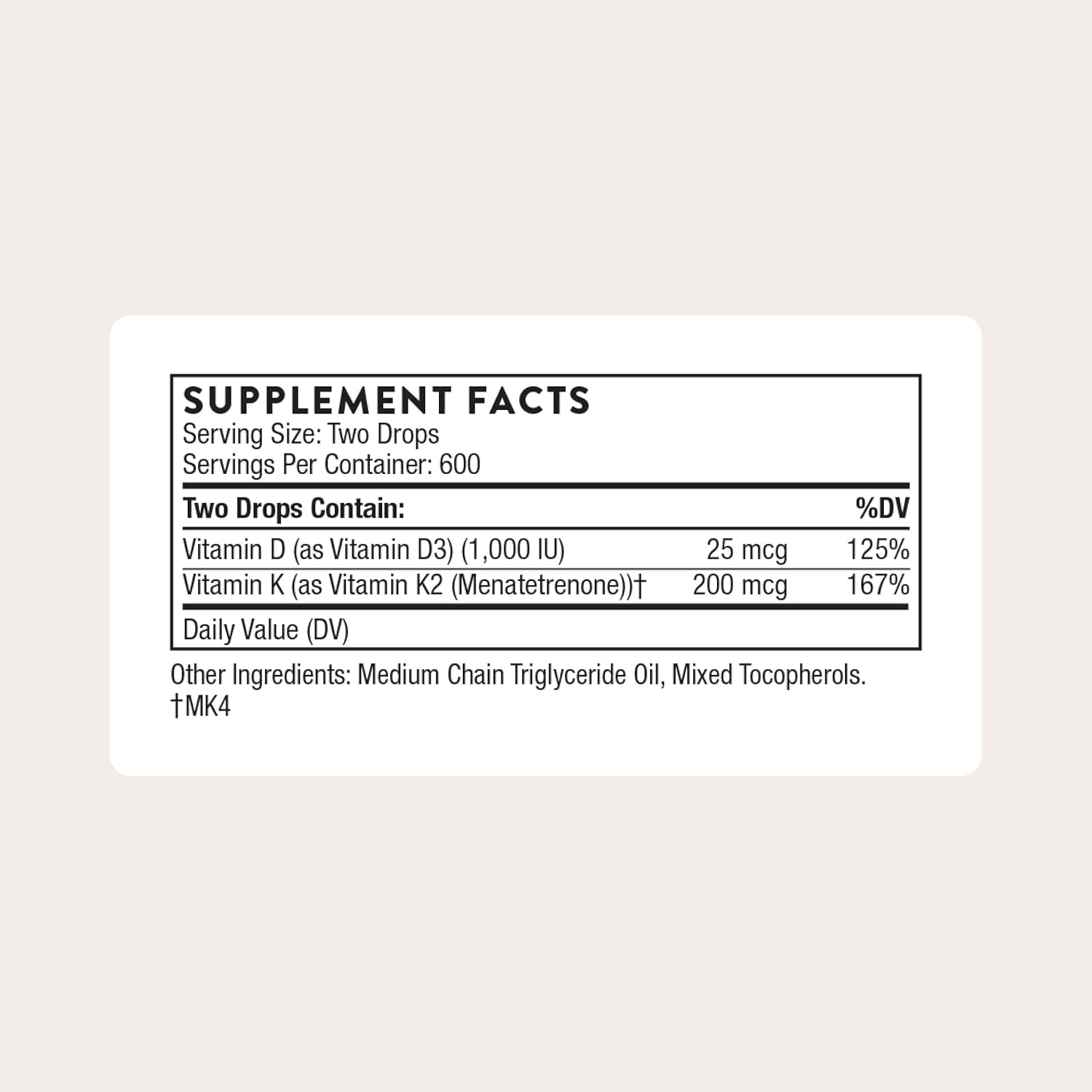 Thorne Vitamin D + K2 Liquid with a Metered Dispenser, 600 Servings | Vitamins D3 & K2 (MK-4) Supplement, Supports Bone Health