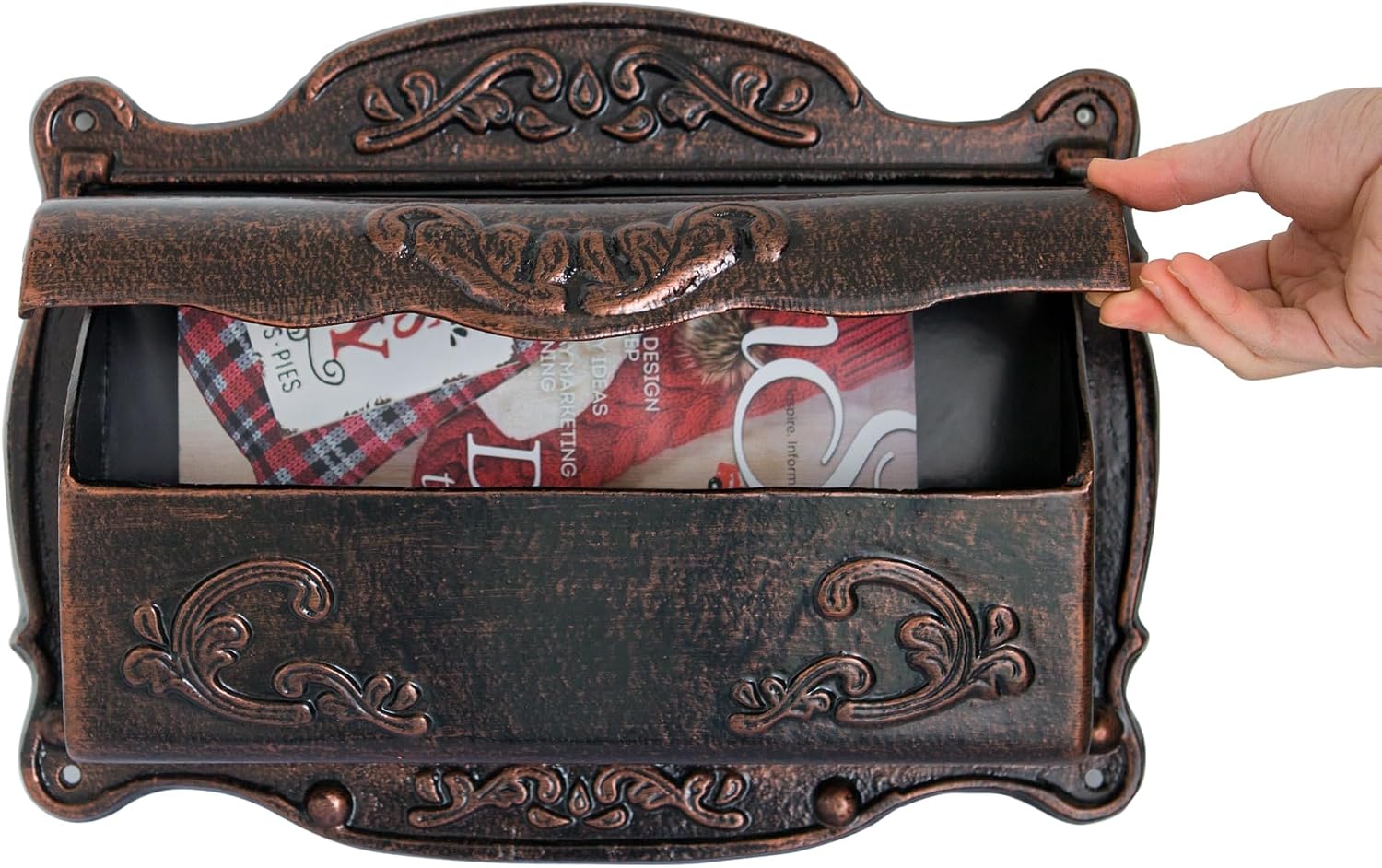 Antique Bronze Finishing Cast Aluminum Wall Mounted Mailbox, Weather-Resistant, Elegant Vintage Design. Size: 17.5" D x 5.3" W x 12.25" H. Includes 4 Pieces Finish Mounting Screws