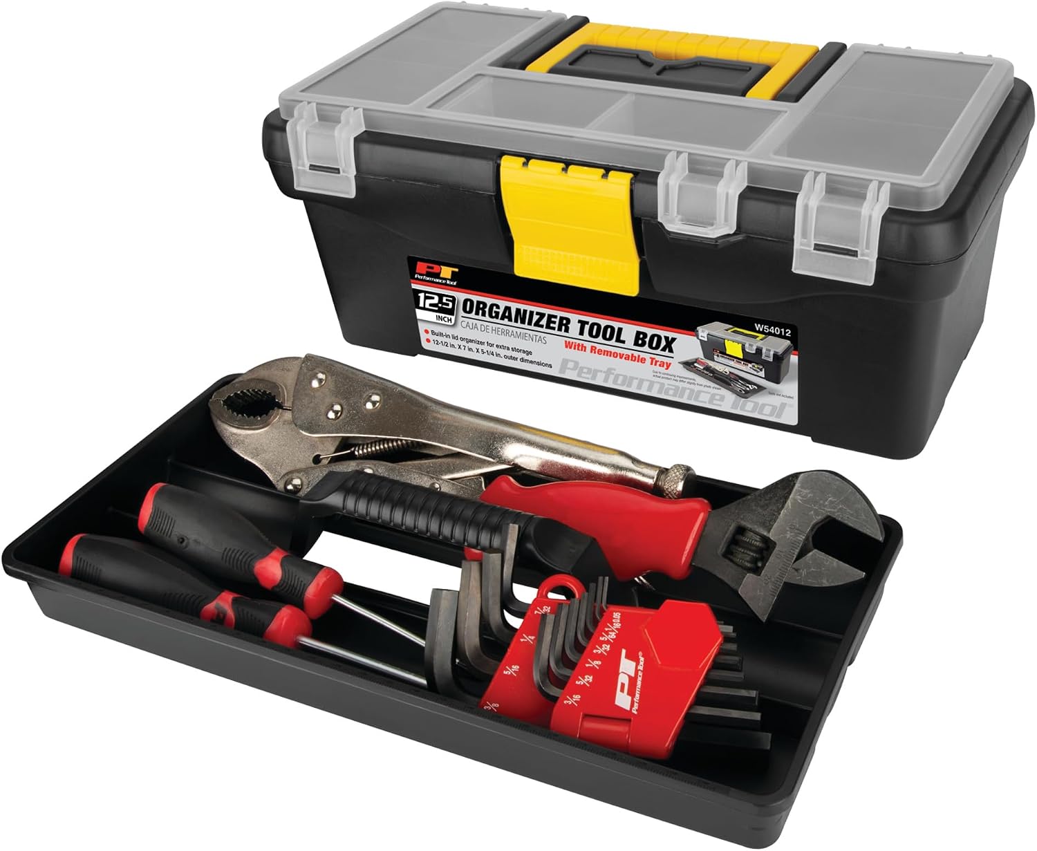 Performance Tool W54026 26 in. Steel Tool Box with Removable Tote | Heavy duty steel storage box and organizer. Recessed ergonomic comfort handle. Strong double latch with padlock eyehole