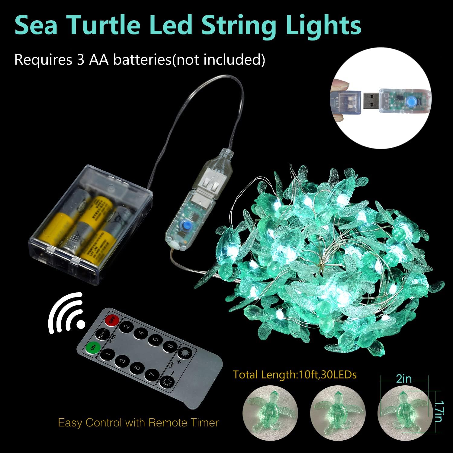 Beach Theme -Cute Green Sea Turtle String Lights- Ocean Fairy Decorative Lights- 10ft 30 LEDs -USB Powered -Multi-Function- Remote Control-Christmas