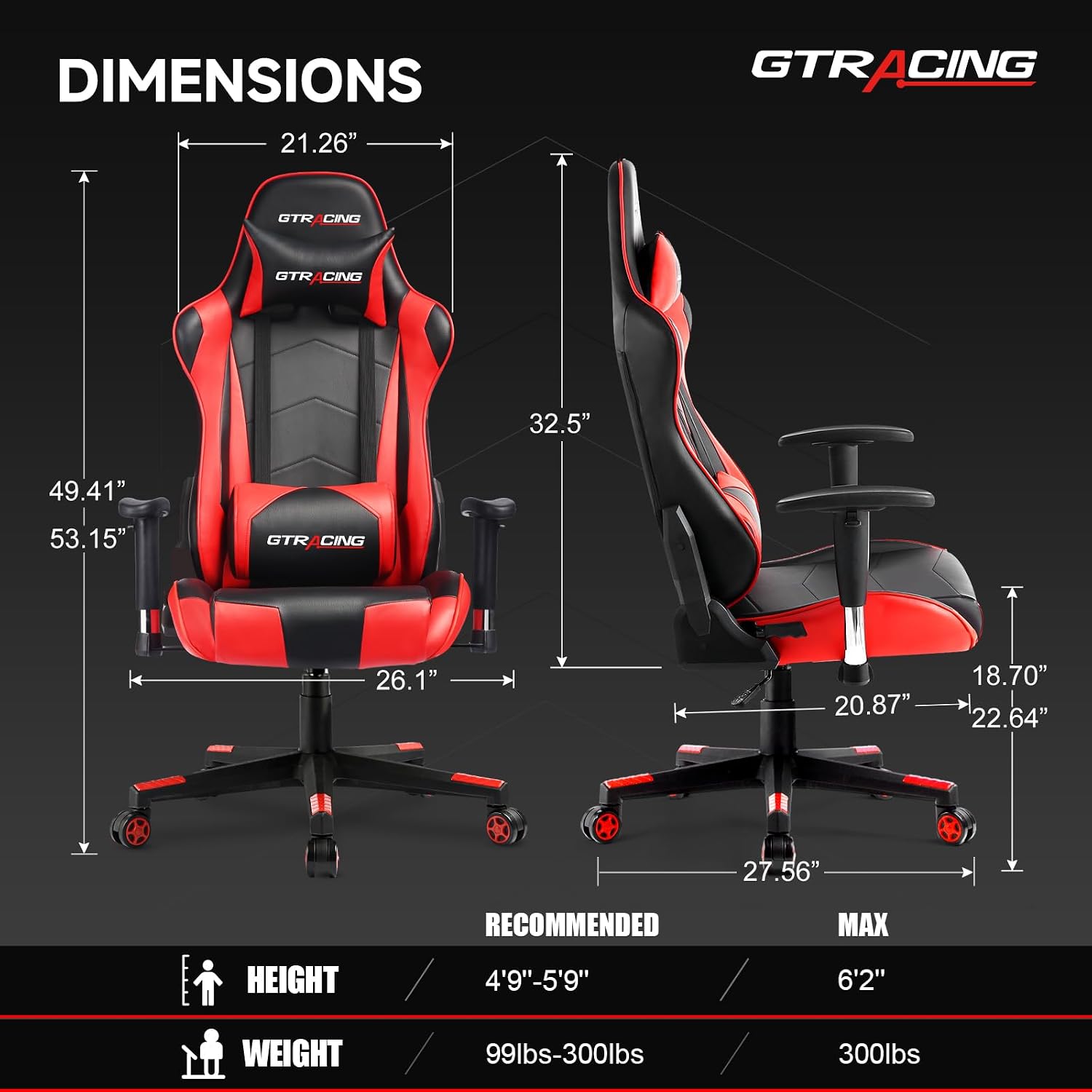 GTRACING Gaming Chair Racing Office Computer Ergonomic Video Game Chair Backrest and Seat Height Adjustable Swivel Recliner with Headrest and Lumbar