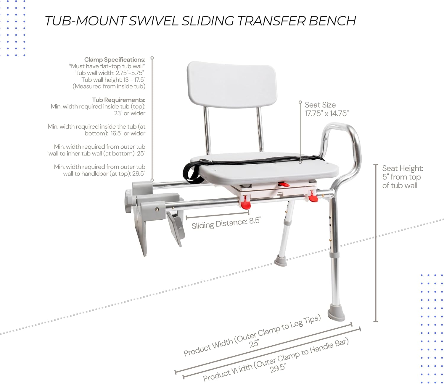 Tub Transfer Bench with Swivel Seat, for Elderly & Disabled, Standard | Eagle Health Supplies Sliding Shower Chair for Inside Shower, FSA/HSA eligible, Height Adjustable, 77662