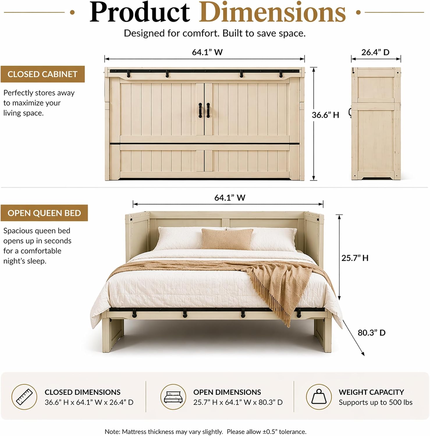 NIGHT & DAY Furniture Murphy Cube Cabinet Bed Pre-Assembled (Cherry, Queen) | Pre-Assembled