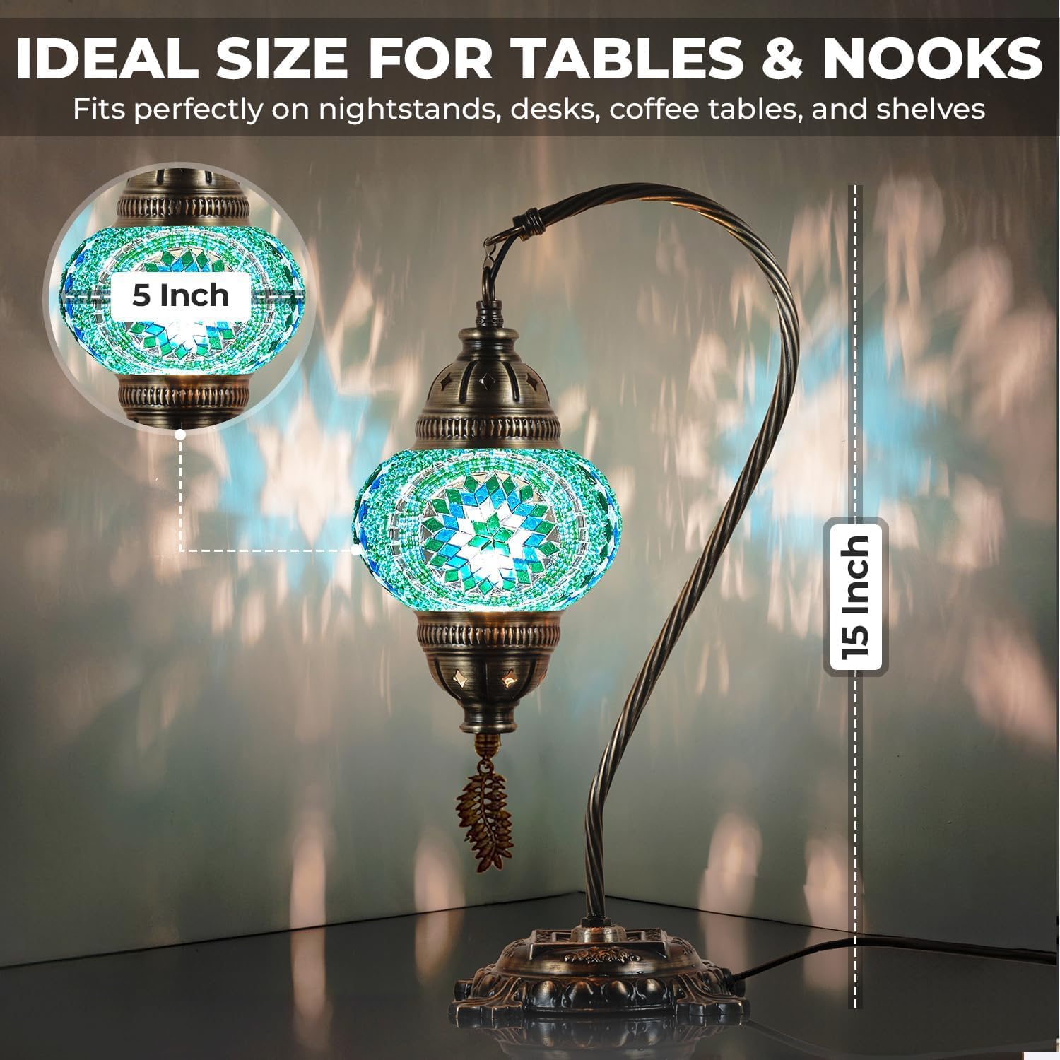 DEMMEX Turkish Table Lamp Moroccan Bedside Light Handmade Tiffany Mosaic Glass Boho Artisan Accent Lighting for Bedroom Living Room, Antique Brass Finish – 15" H, Multicolor