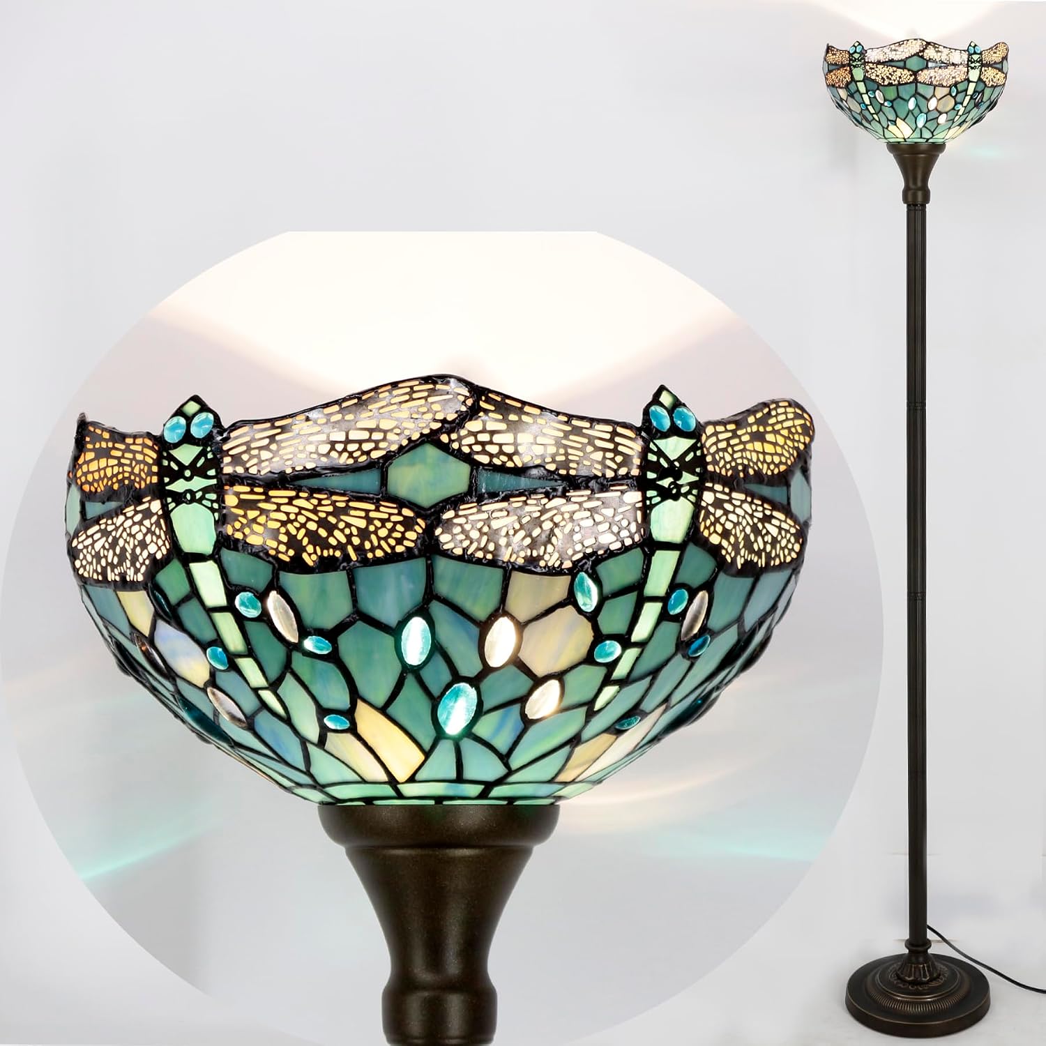 WERFACTORY Tiffany Floor Lamp Sea Blue Stained Glass Torchiere Pole Light | 12X12X71 Inches Dragonfly Standing Corner Torch Uplight Decor Bedroom