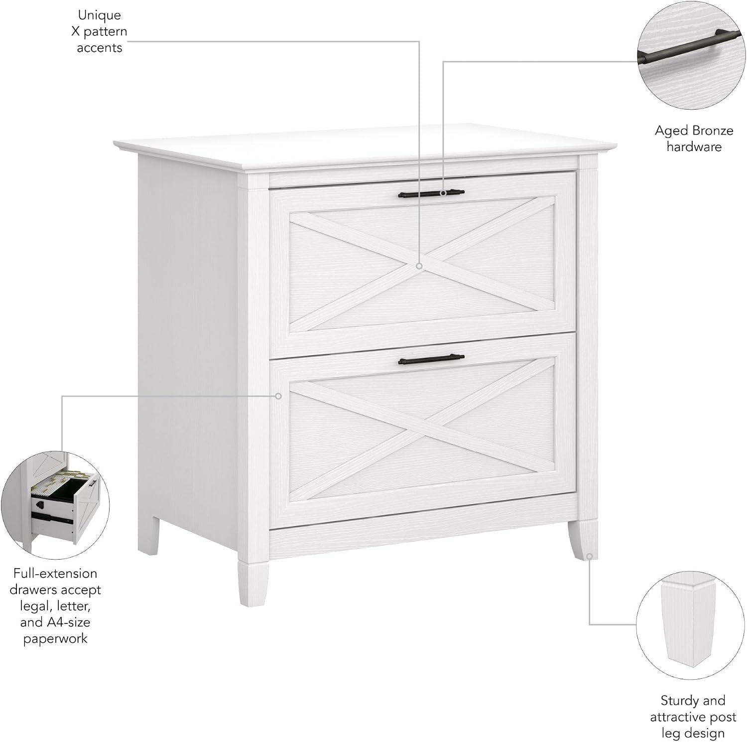 Bush Home Key West 2 Drawer Lateral File Cabinet in Washed Gray, Document Storage for Home Office, Accent Chest with Drawers