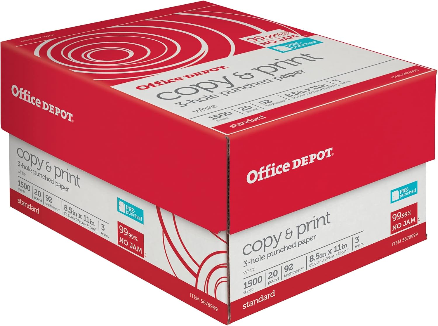 Office Depot® 3-Hole Punched Multi-Use Printer & Copy Paper, 3 Reams, White, Letter (8.5" x 11"), 1500 Sheets Per Case, 20 Lb, 92 Brightness