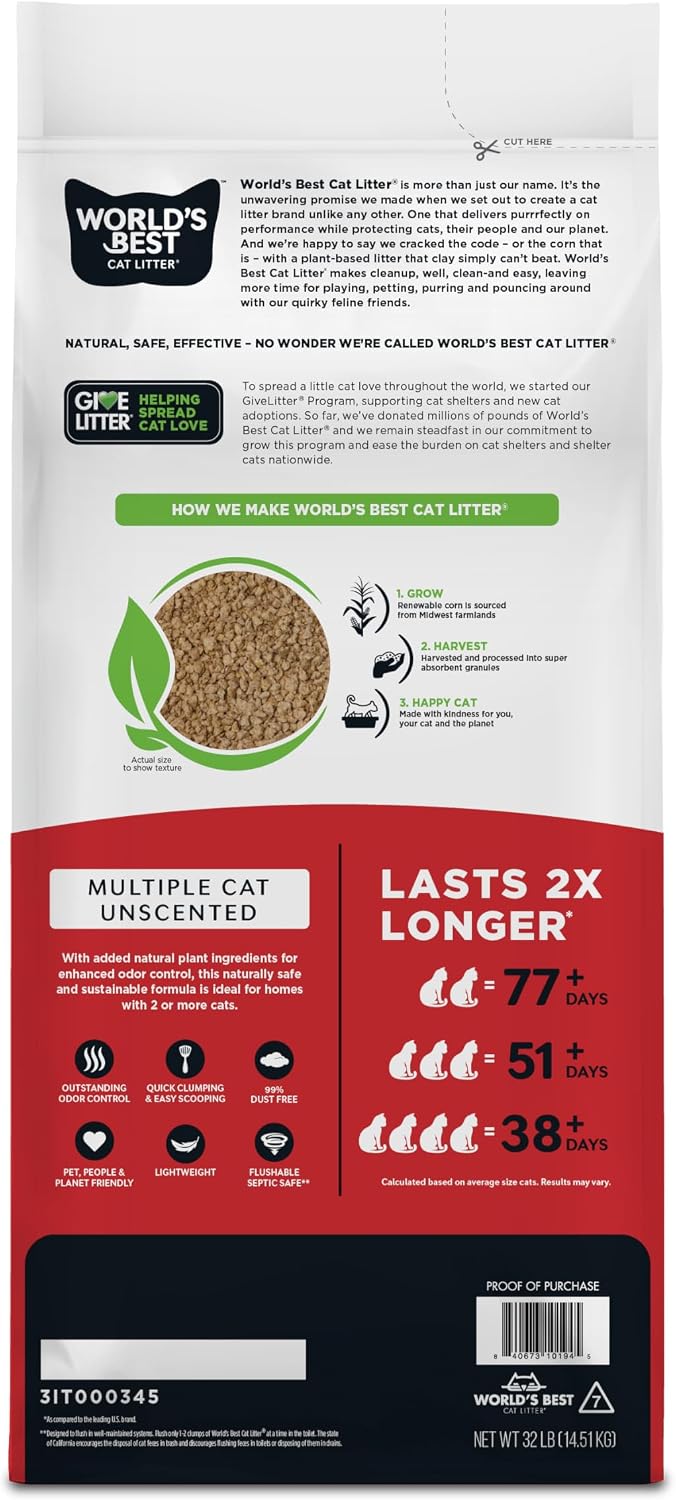 World's Best Cat Litter, Multiple Cat, Unscented, Lasts 2X Longer, 8 lb Bag | Controls tough multi-cat odors and lasts 2x longer; natural corn litter, quick clumping, flushable, 99% dust free
