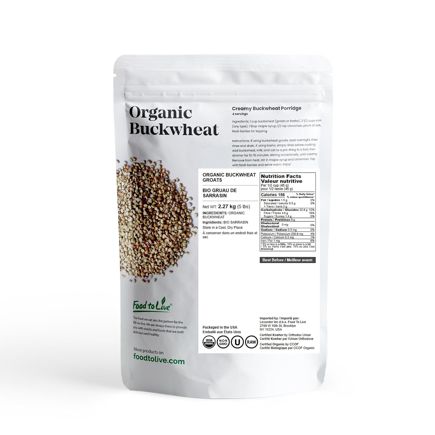 Food to Live Organic Buckwheat Groats, 15 Pounds – Whole Grain Buckwheat Seeds by Food to Live. Hulled, Non-GMO, Kosher, Raw, Vegan, Sirtfood. Bulk Cereal Grain