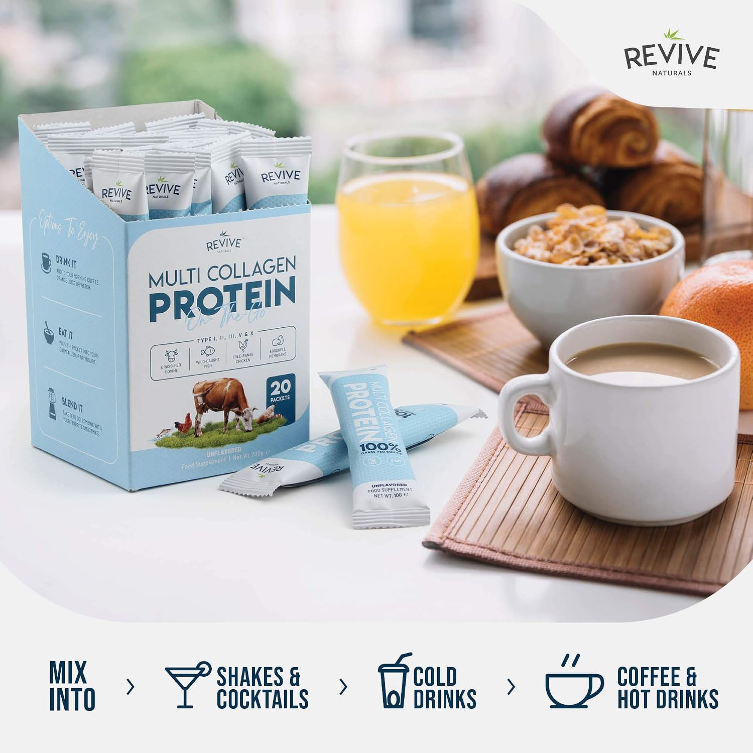 Revive Naturals Multi Collagen Hydrolyzed Protein Powder (16oz) - Types I, II, III, V & X - Grass Fed Bovine, Wild Caught Marine, Free Roaming Chicken & Eggshell Collagen Peptides,
