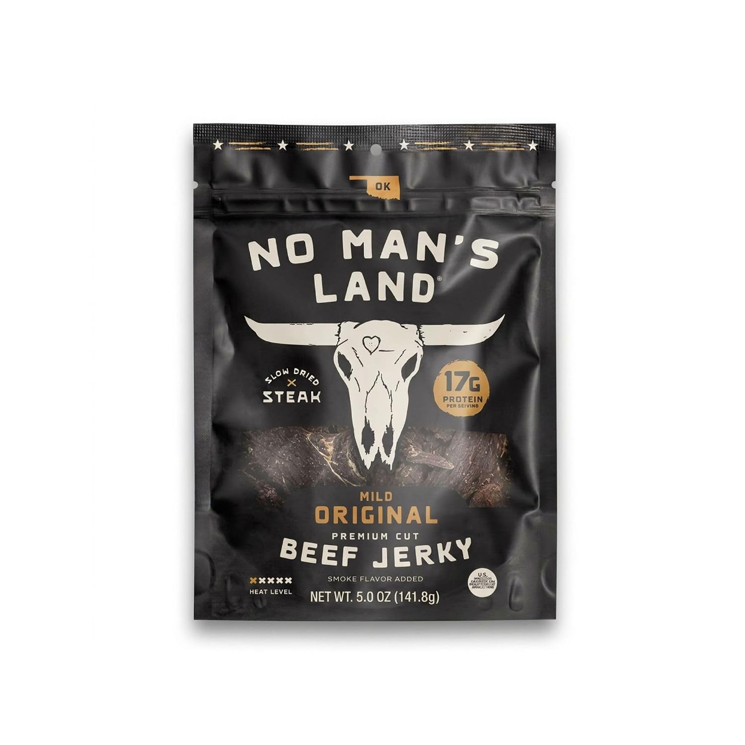 No Mans Land Slow-Dried Beef Jerky | Smoked & Seasoned Jerky Strips | High Protein, Low Carb Beef Snack | Gluten Free - MILD (16oz)