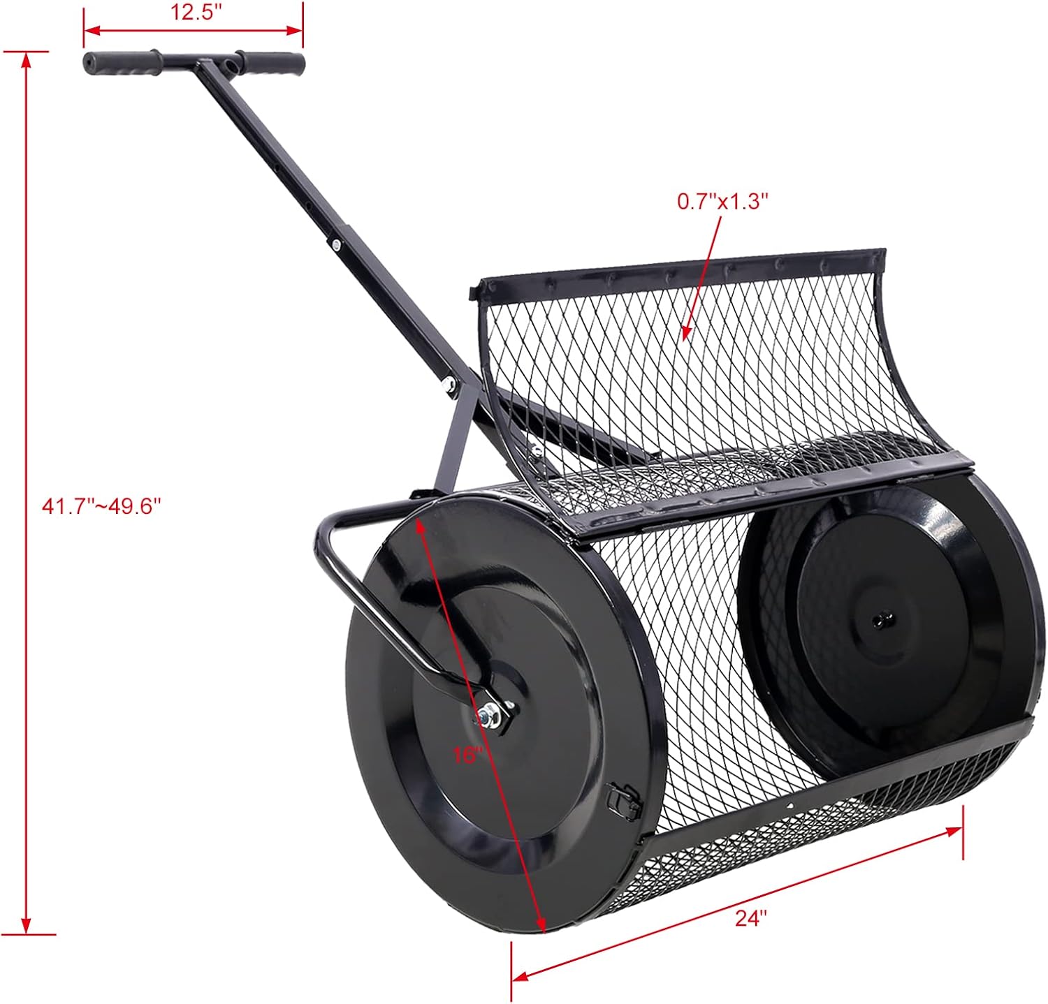 Compost Spreader - 24'' Peat Moss Spreader Manure Spreaders Roller with Adjustable T Shaped Handle Lightweight Metal Mesh Spreader for Lawn Garden Spreading Manure Topsoil, Black 0.5" x 1" Open Slits