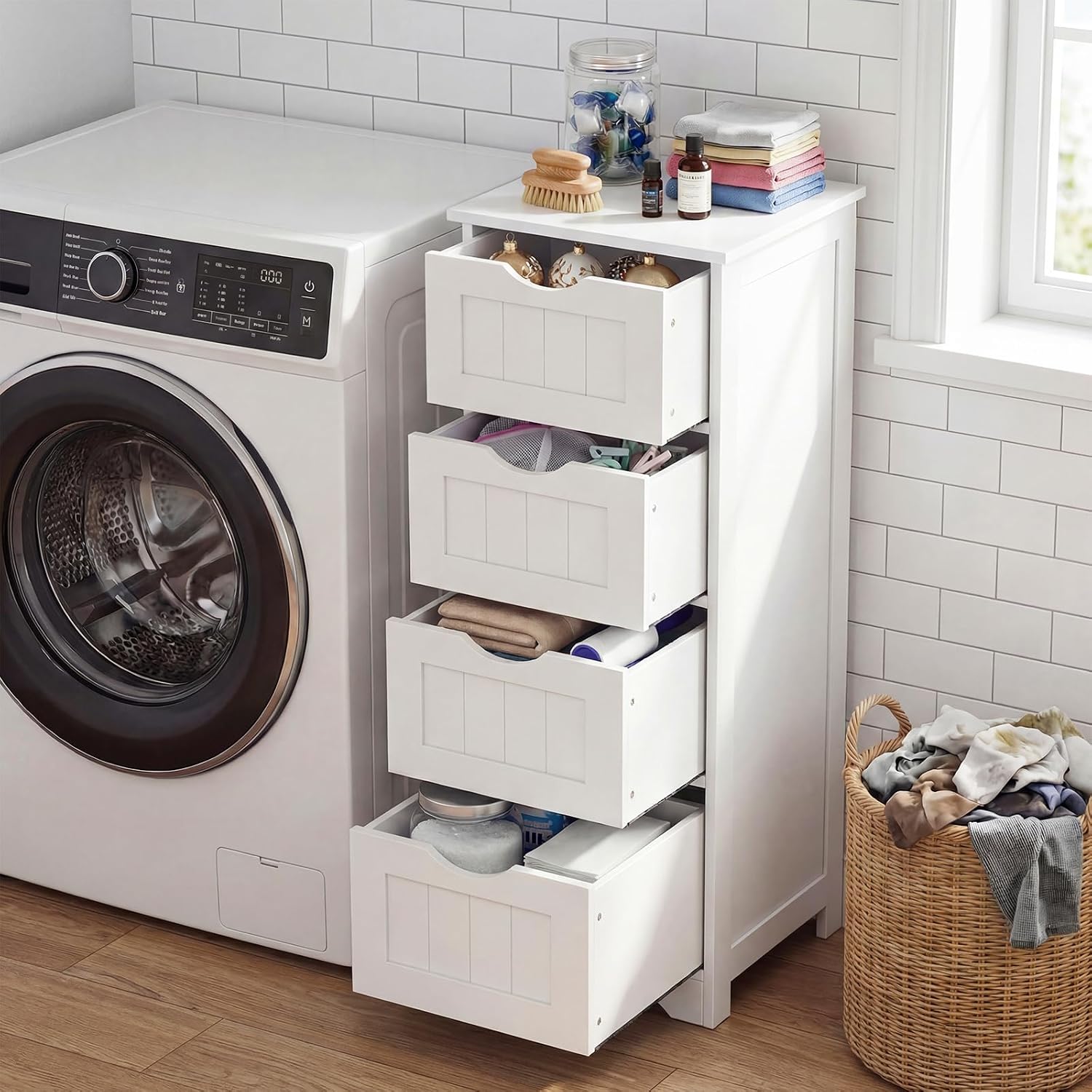 Tangkula Bathroom Floor Cabinet, Freestanding Narrow Side Storage Organizer with 4 Drawers, Multifunctional Towel Cabinet with Anti-Tip Kit for Living Room Laundry Entryway (4 Drawers, White)