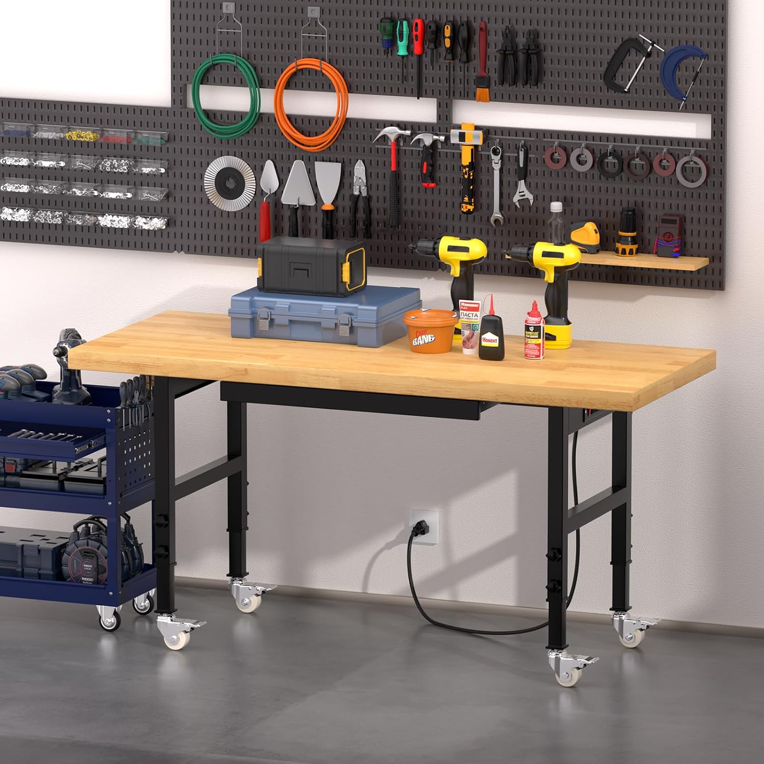 48" Heavy Duty Work Bench with Drawers, Adjustable Height Workbench with Wheels, 2000 LBS Capacity Work Table with Power Outlets for Garage, Workshop, Office, Home