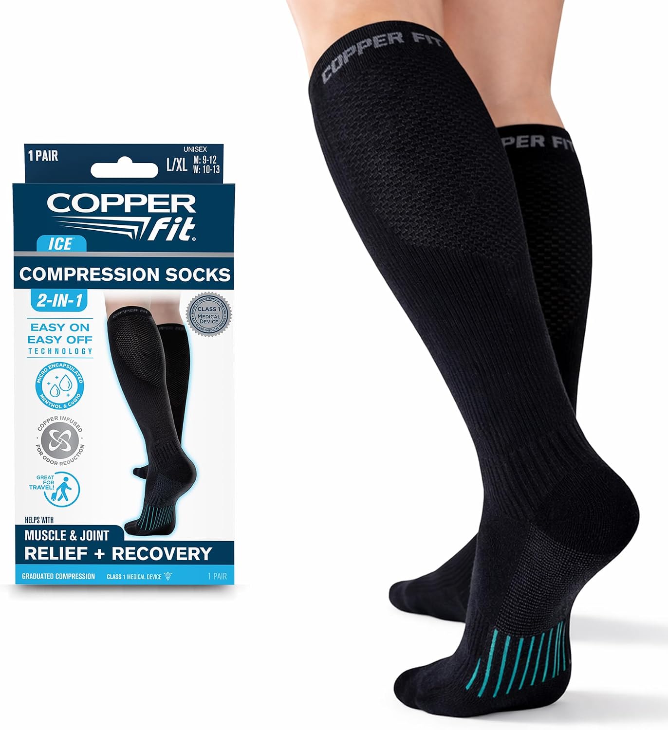 Copper Fit womens Ice Menthol Infused Compression Socks, Black, Large-X-Large US