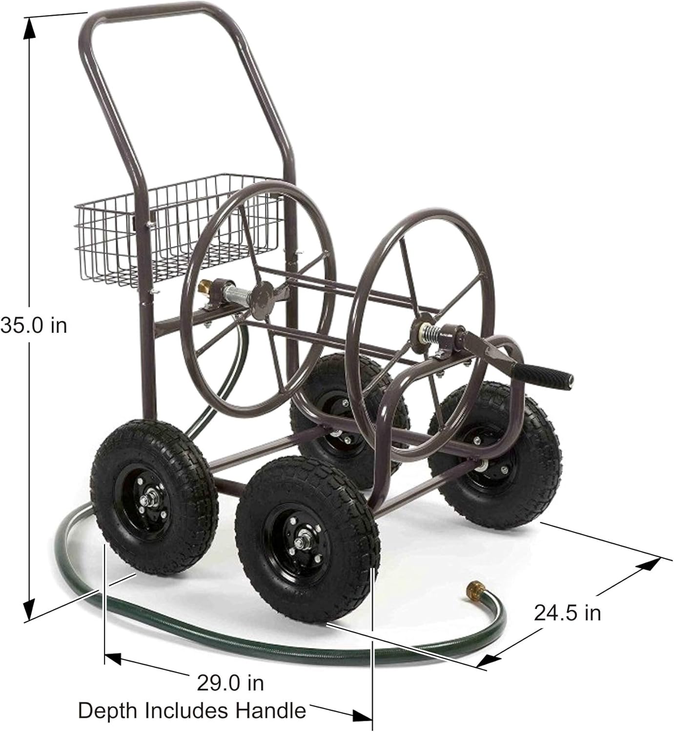 Liberty Garden Residential Grade Four Wheel 250 Foot Capacity Steel Frame Water Hose Reel Cart with Basket for Backyard, Garden, or Home, Brown