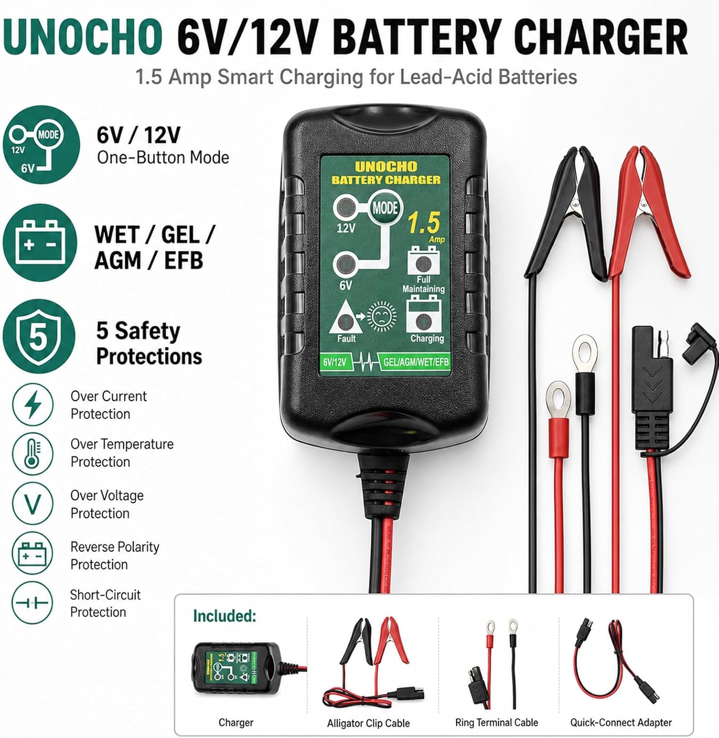 Unocho 6V/12V Battery Charger Maintainer 1.5A Automatic Trickle Charger Smart Float Charger for Car Motorcycle Lawn Mower Boat ATV Snowmobile