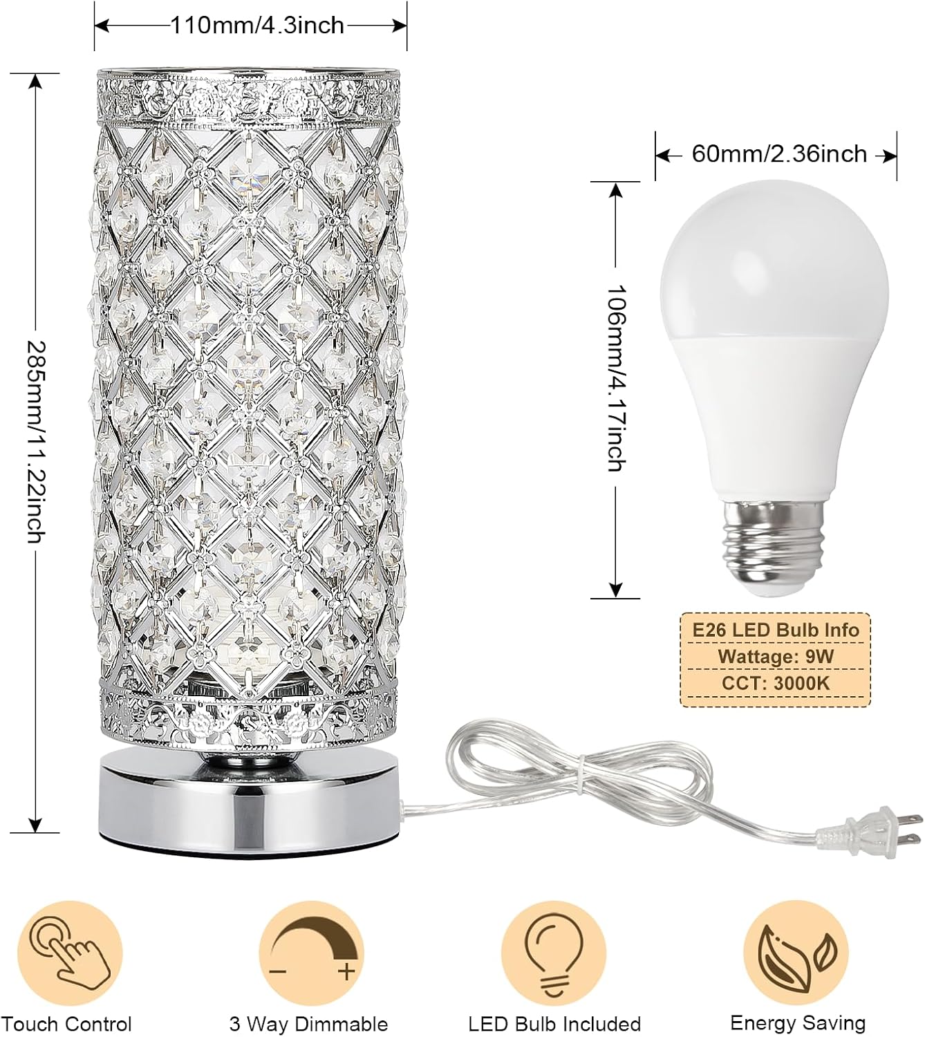 Crystal Table Lamp, 3 Way Touch Control Dimmable Bedside Nightstand Lamp | Silver Crystal Desk Lamp