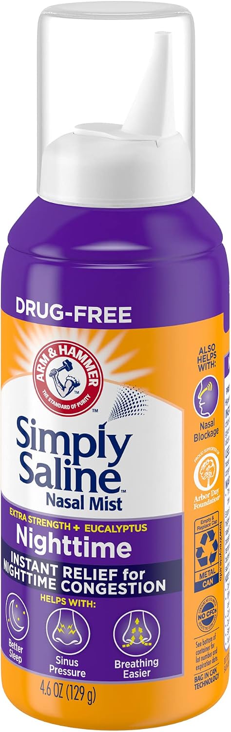 ARM & HAMMER Simply Saline Nighttime Nasal Mist, 4.6 oz | For Nighttime Nasal Congestion, Calming Eucalyptus, Safe with Rx and OTC
