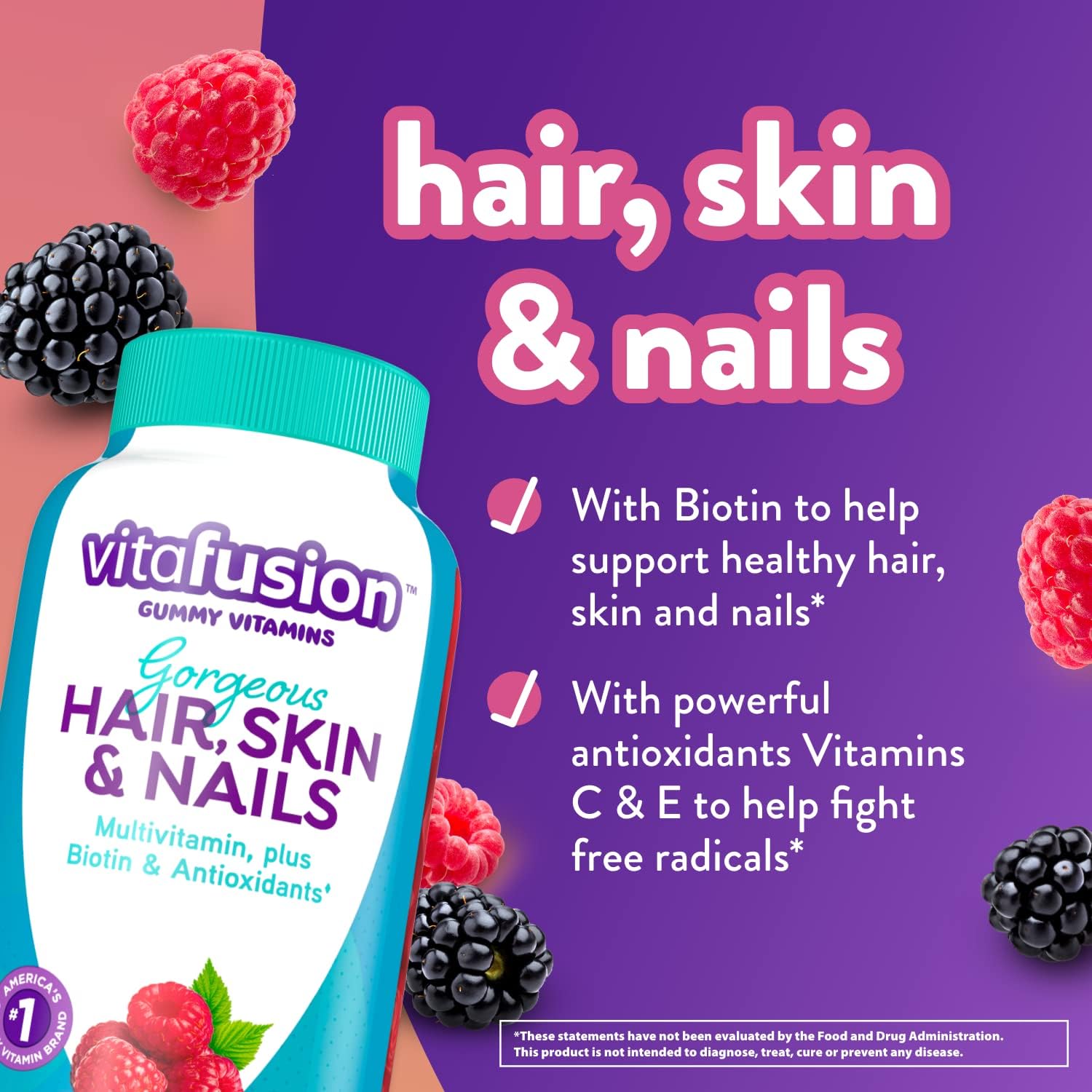 Vitafusion Hair Skin and Nails Gummies | Biotin 5000mcg | 100 Count | Gummy Vitamins for Adult Women & Men | Berry Flavor | Gluten-Free Multivitamin Supplement