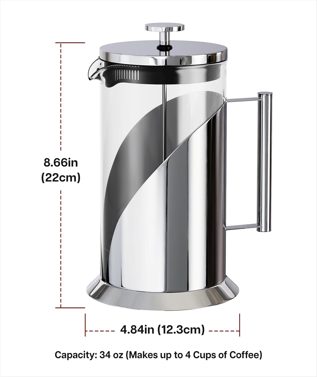 Cafe Du Chateau French Press Coffee Maker, 34 oz Glass, Stainless Steel | Easy Brew, Durable Clear Glass, 4-level Filtration, 34 oz Capacity, Coffee Press for Camping, Tea Brewer, BPA-Free Materials