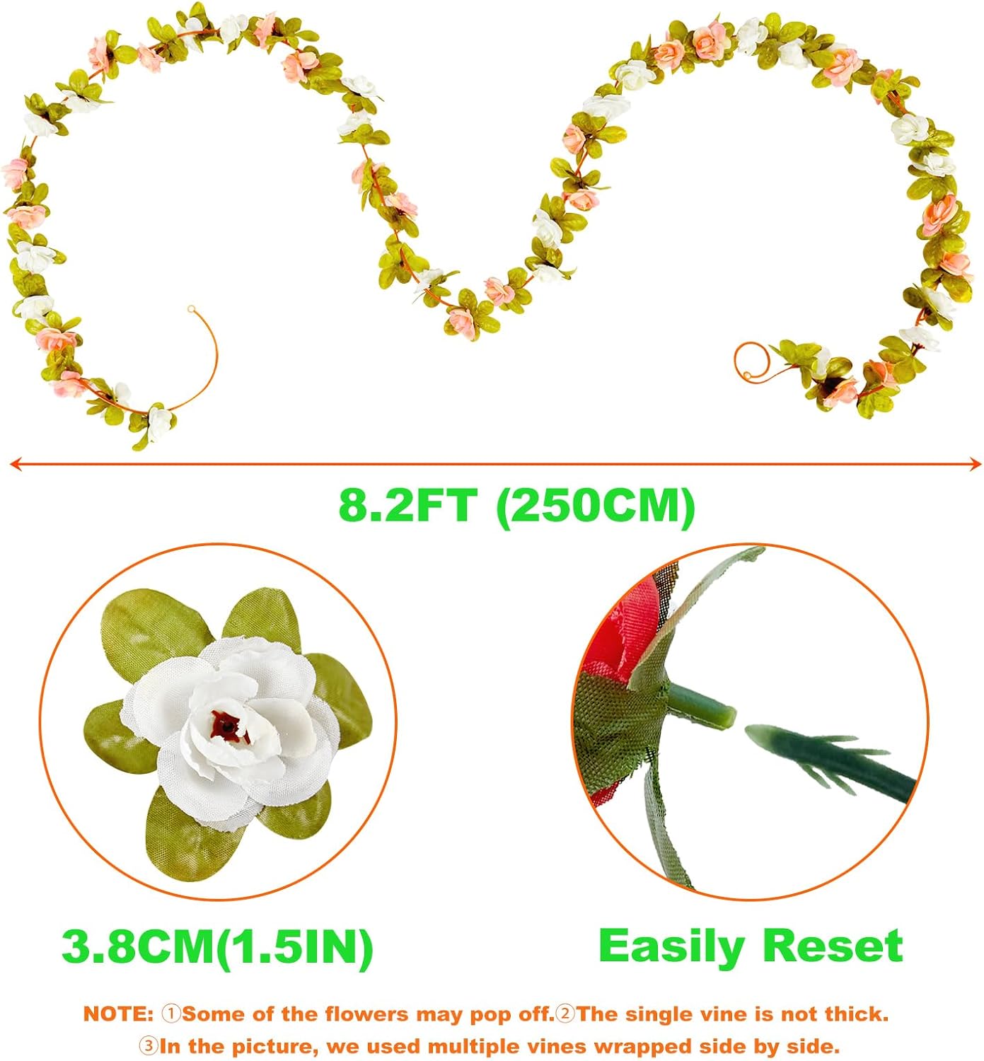 8Pcs x 8.2FT Artificial Flower Garland Floral Rose Vine Decor, Pink Flower