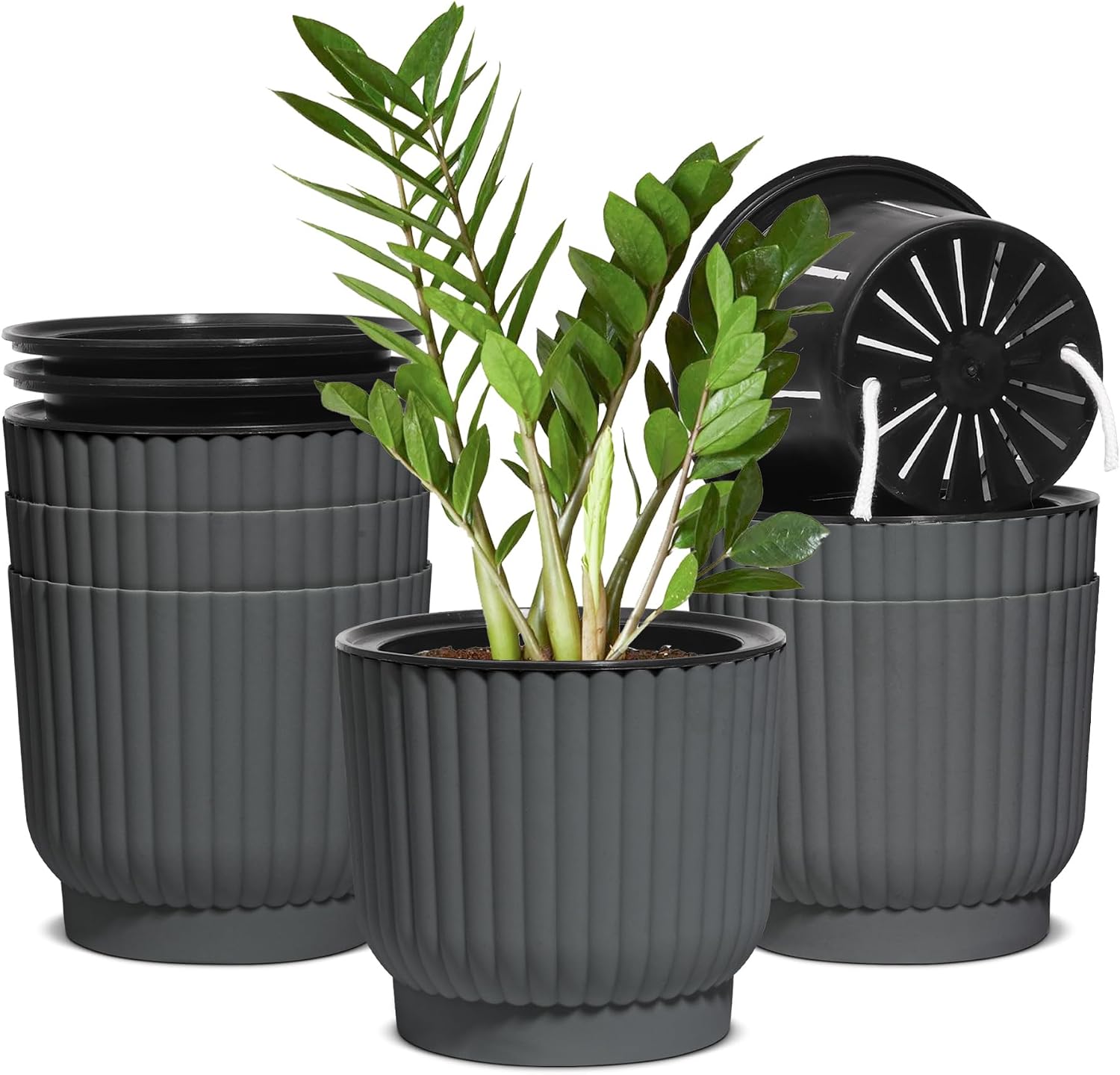 T4U Self Watering Pots for Indoor Plants, 4 Inch 6 Pack Planter White