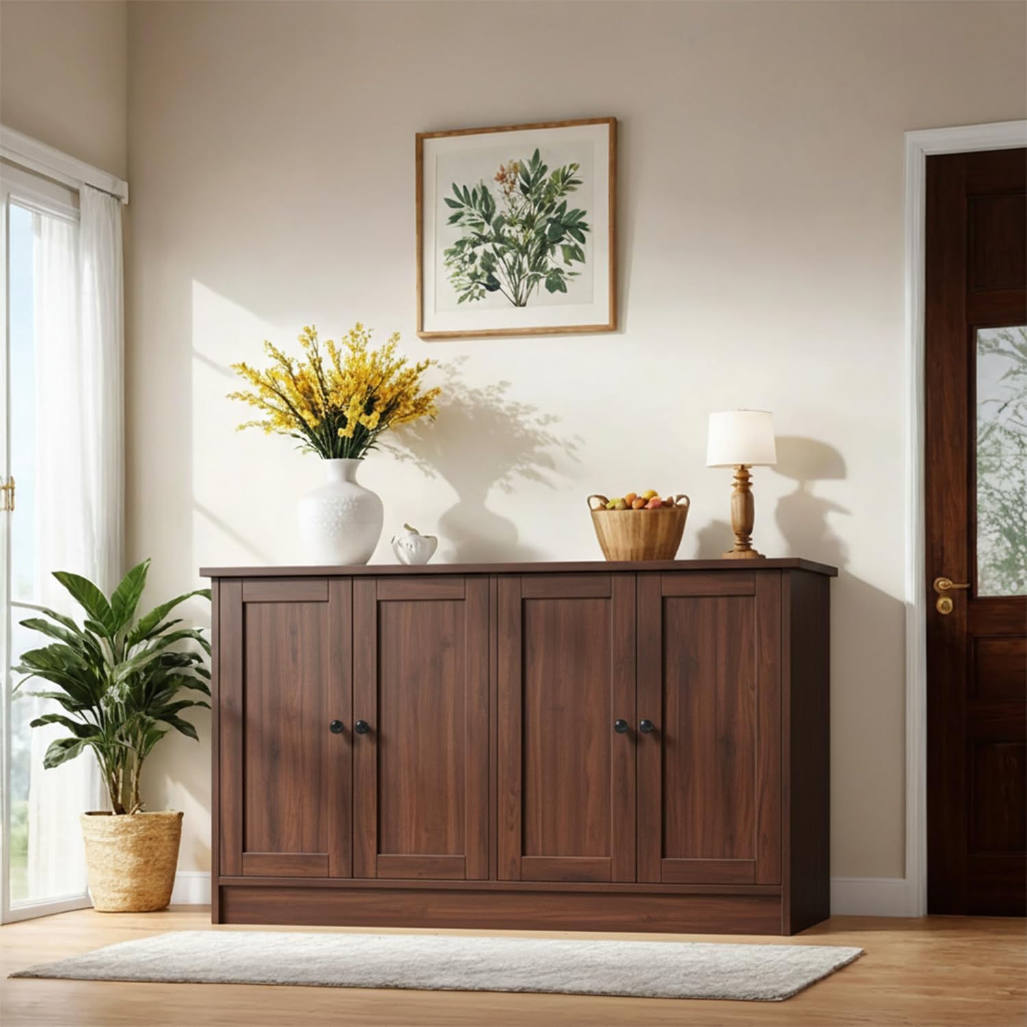 holzart White Buffet Cabinet with Storage, 49" Modern Kitchen Sideboard with 4 Doors & Adjustable Shelves, Wood Coffee Bar Cabinet Console Table for Dining Room, Living Room, Entryway