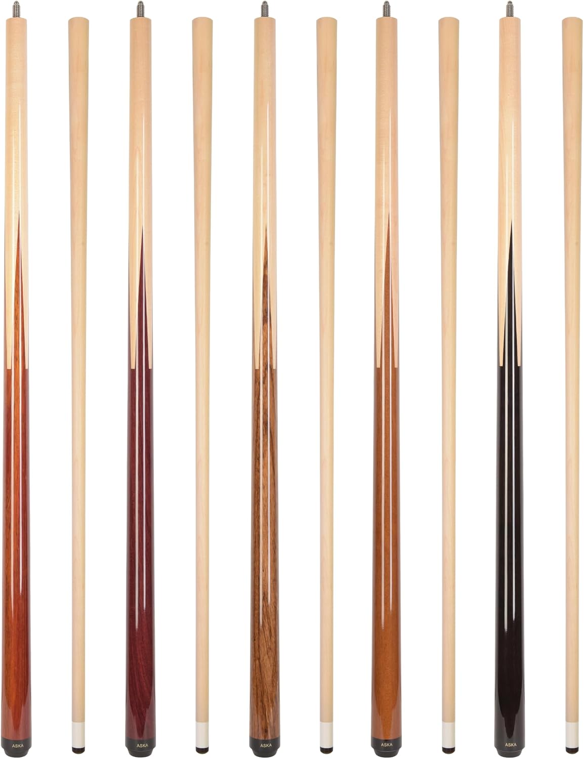 ASKA Sneaky Pete Pool Cue Set, 5 Unique Wood Cues, 58" Canadian Maple Shafts, 13mm Leather Tip, 5/16x18 Joint