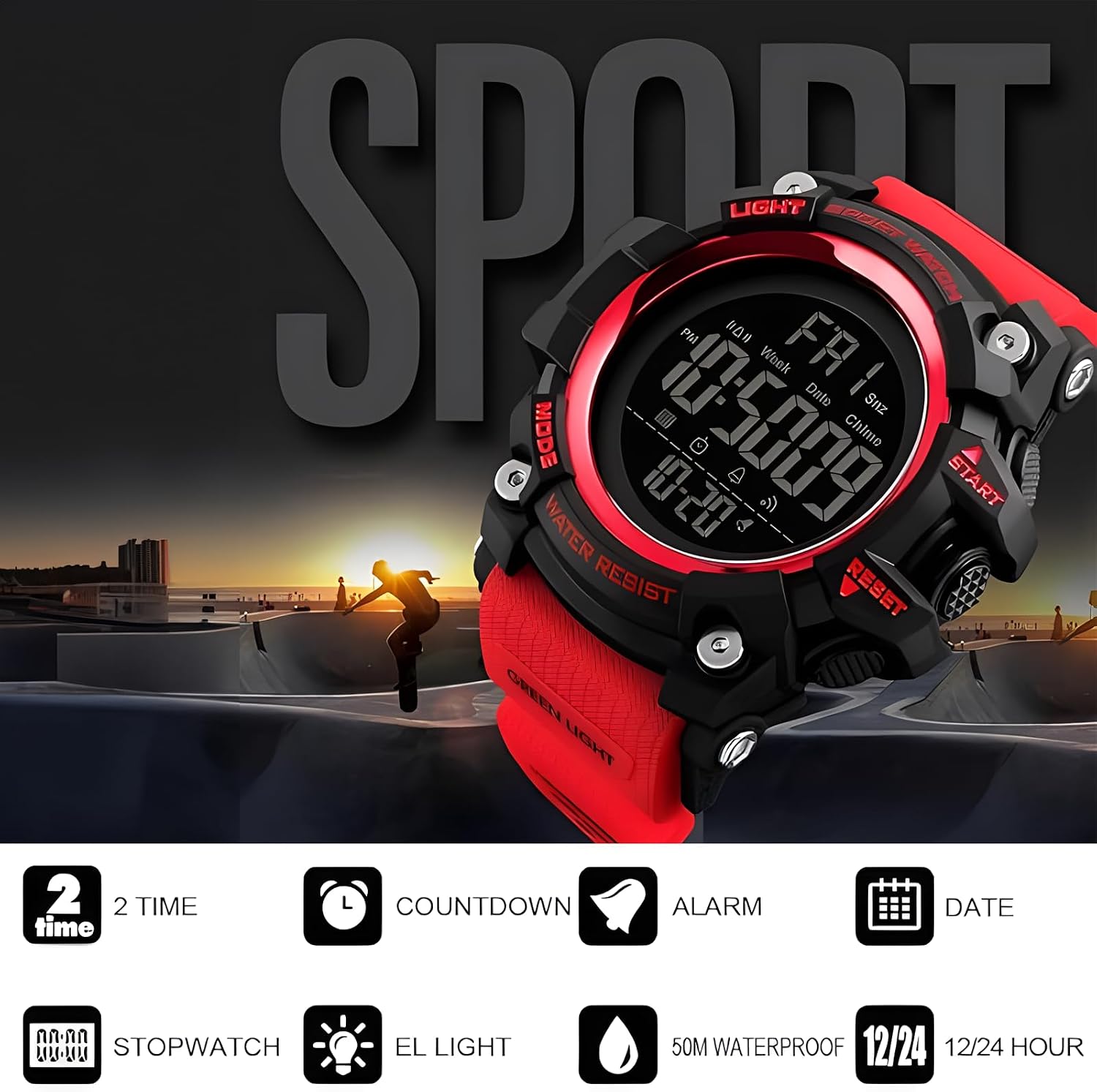 Gosasa Men Sport Watch Countdown Stopwatch Watch Mens Wrist Watch Waterproof LED Electronic Digital Male Watch 12/24 Hour Multifunctional Watch