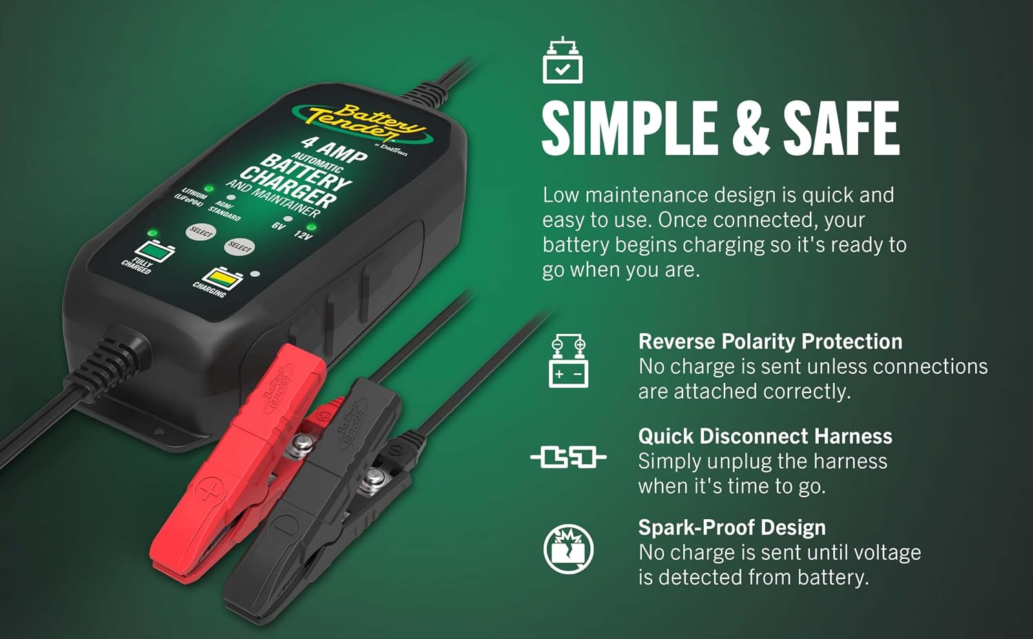 Battery Tender 4 AMP Battery Charger and Maintainer - Automotive Switchable 12V or 6V Smart Automatic for Cars SUVs and Trucks - Lead Acid, AGM, Gel