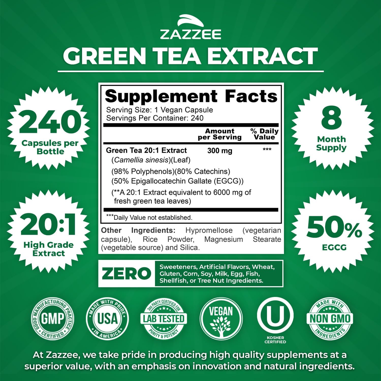 Zazzee Extra Strength Green Tea 20:1 Extract, 50% EGCG, 150 Vegan Capsules | 98% Polyphenols, 80% Catechins, 5 Month Supply, Certified Kosher, Antioxidant & Metabolism Support, Non-GMO, Made in the USA