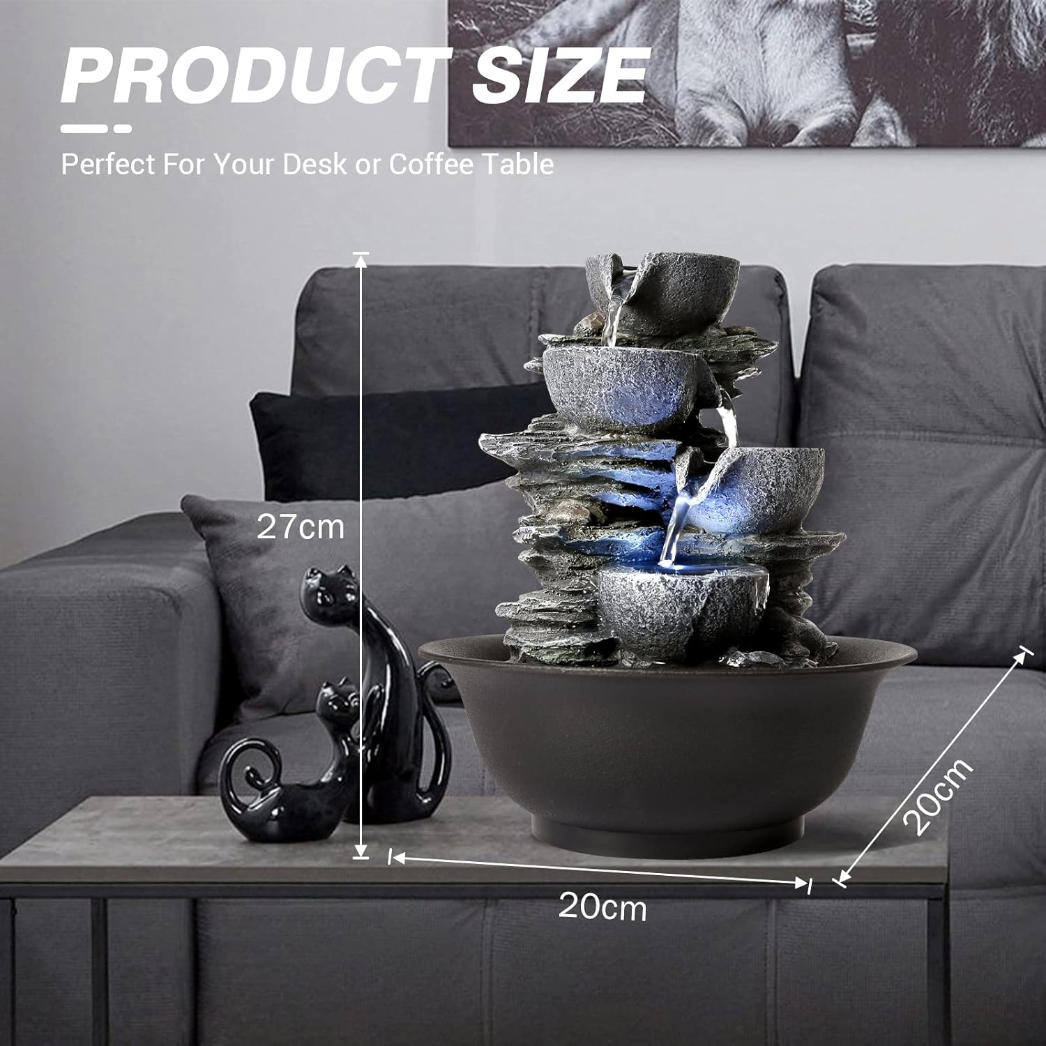 WICHEMI Indoor Water Fountain Tabletop Fountain Stacked Rock with LED Light | Relaxing Water Feature, Meditation Fountain, Soothing Sound, Stress Relief, For Home Office Bedroom Decor, 7.8"x7.8"x7.9"